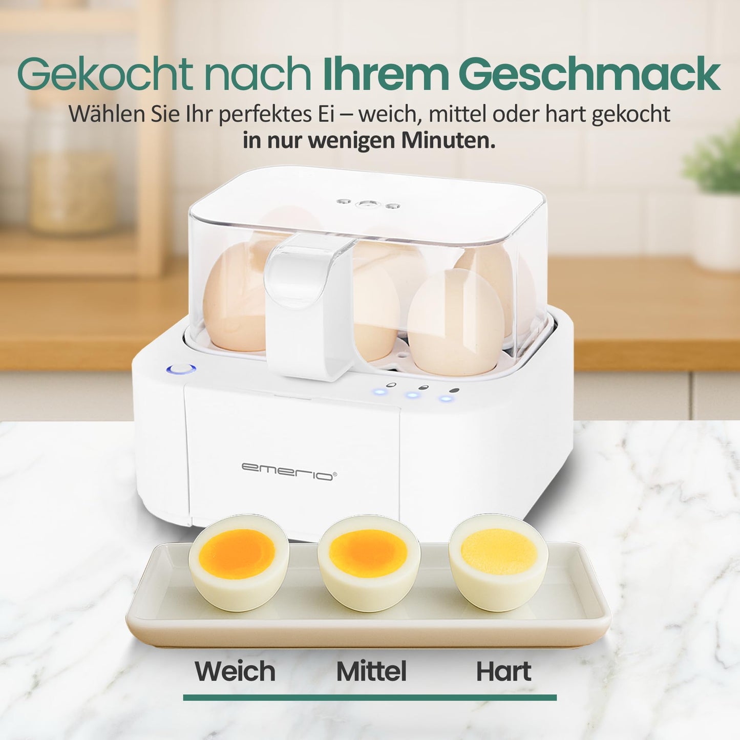 Emerio best egg cooker EB-115560 cooks all three cooking levels [soft|medium|hard] in just one cooking process with perfect results and voice output, unique in technology and design, model 2022 - EB-115560.12