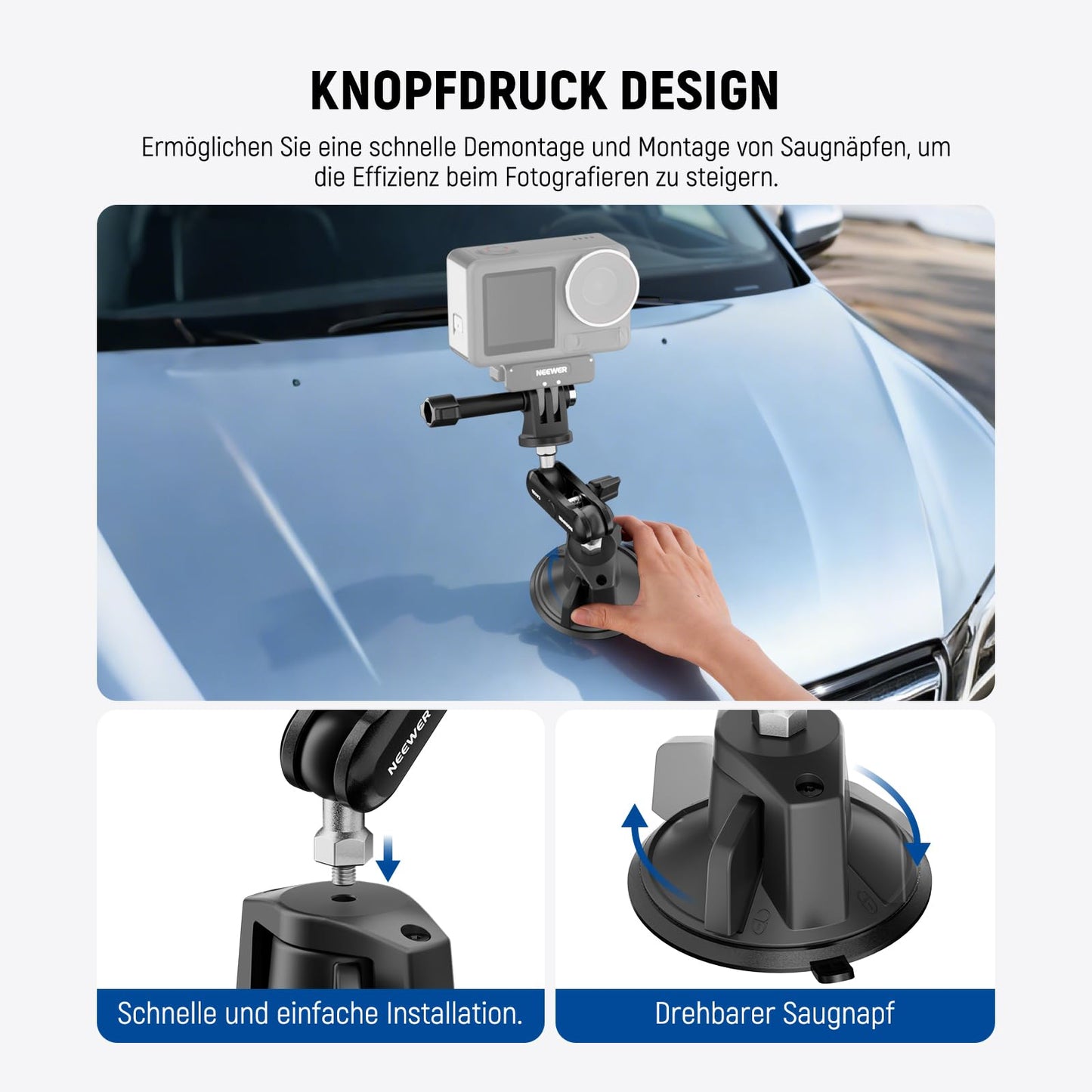NEEWER suction cup mobile phone holder and camera mount compatible with GoPro DJI Insta360 iPhone, car smartphone mount with action cam adapter, 360° magic arm for POV windscreen vlogging CA158