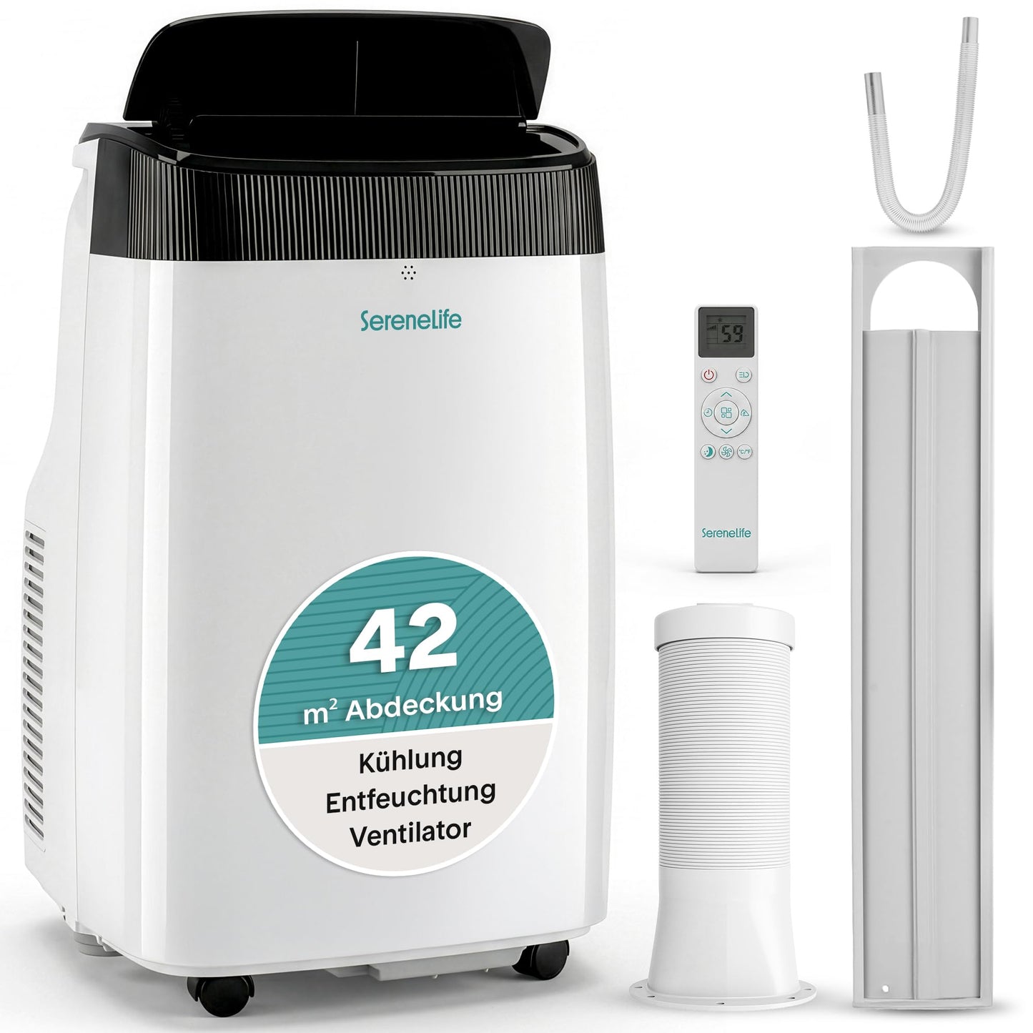 SereneLife Mobile Air Conditioner 4 kW 9000 BTU - L52 dB Quiet air conditioner for bedrooms up to 20 m², pleasant cooling on hot days, with dehumidifier, fan & remote control - SLPAC9EU