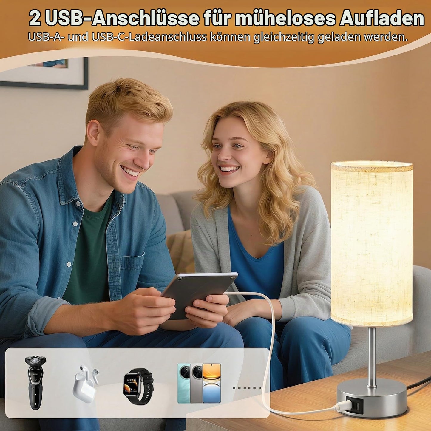 UPXNBOR bedside lamp set of 2, table lamp with USB-A & USB-C charging function - N-15
