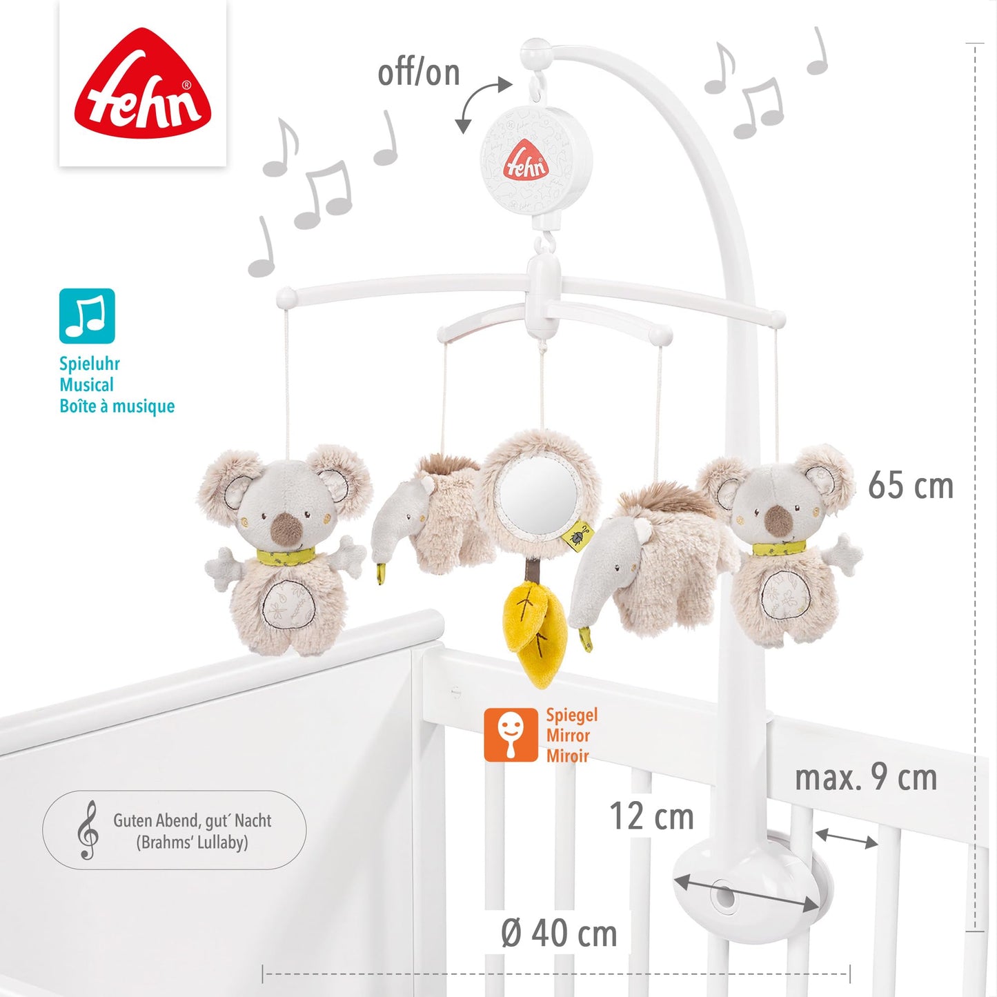 Fehn Music Mobile Australia - Baby Sleep Aid Music Toy with Cute Animals - Baby Mobile Music Box Melody "Brahms Lullaby" - Music Mobile Baby Bed Accessories Toy for Babies from 0-5 Months - 64070