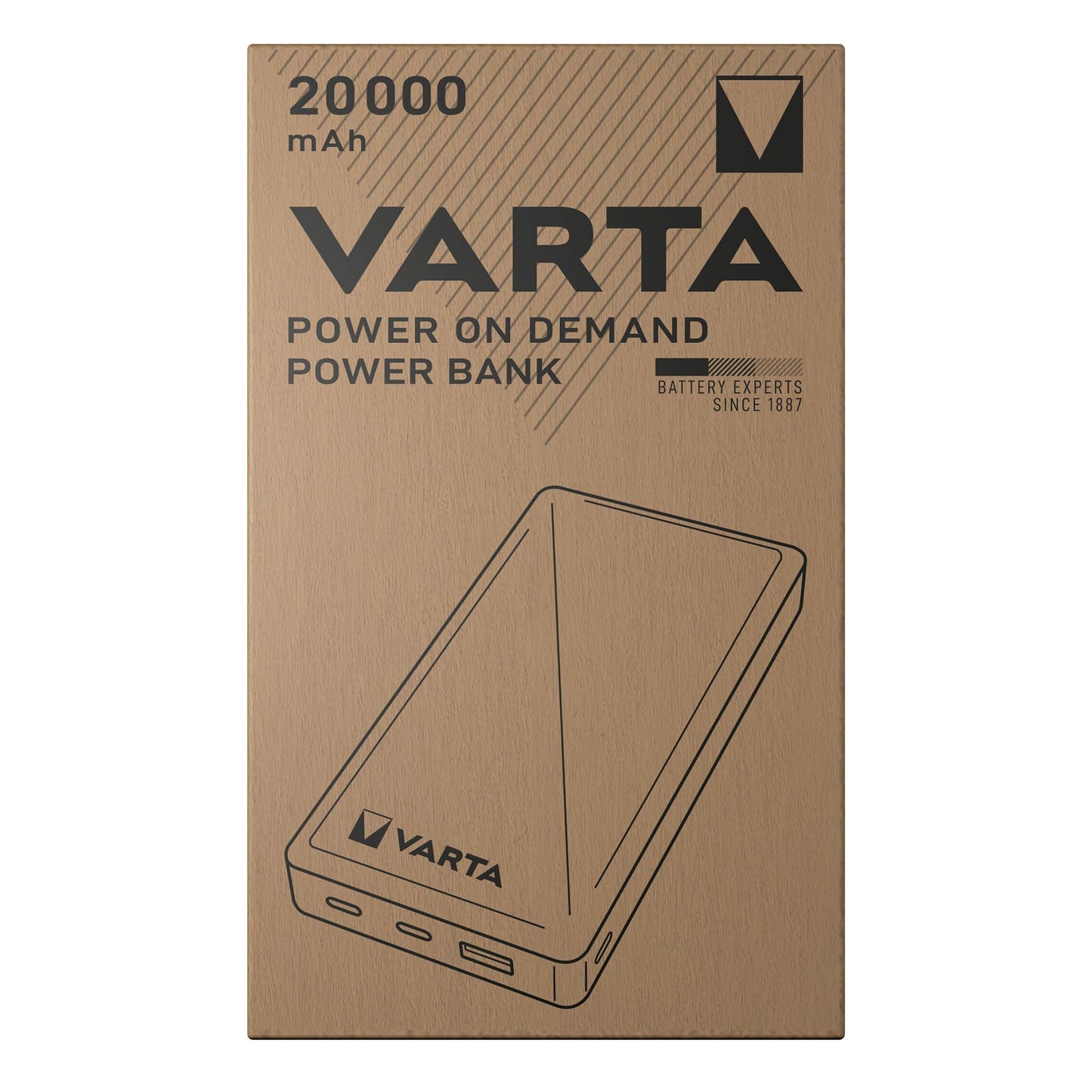 VARTA Power Bank 20000mAh, power bank Power on Demand with 3 ports (1x USB A, 2x USB C), compatible with tablets & smartphones, in environmentally friendly packaging