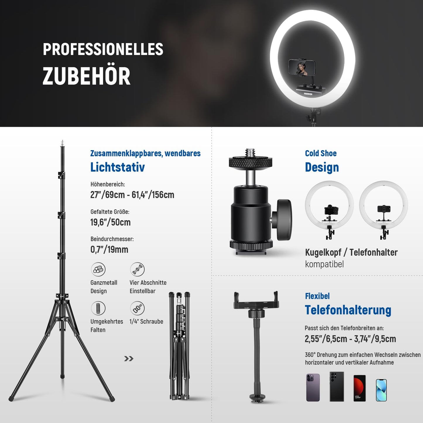 NEEWER Professional Ring Light with Stand and Phone Holder, 18" Ultra Thin, 45W 2900K-7000K TLCI98, Remote Shutter and App Control, Softer Lighting for Make Up Live Stream TikTok, RP18B Pro - 10103018
