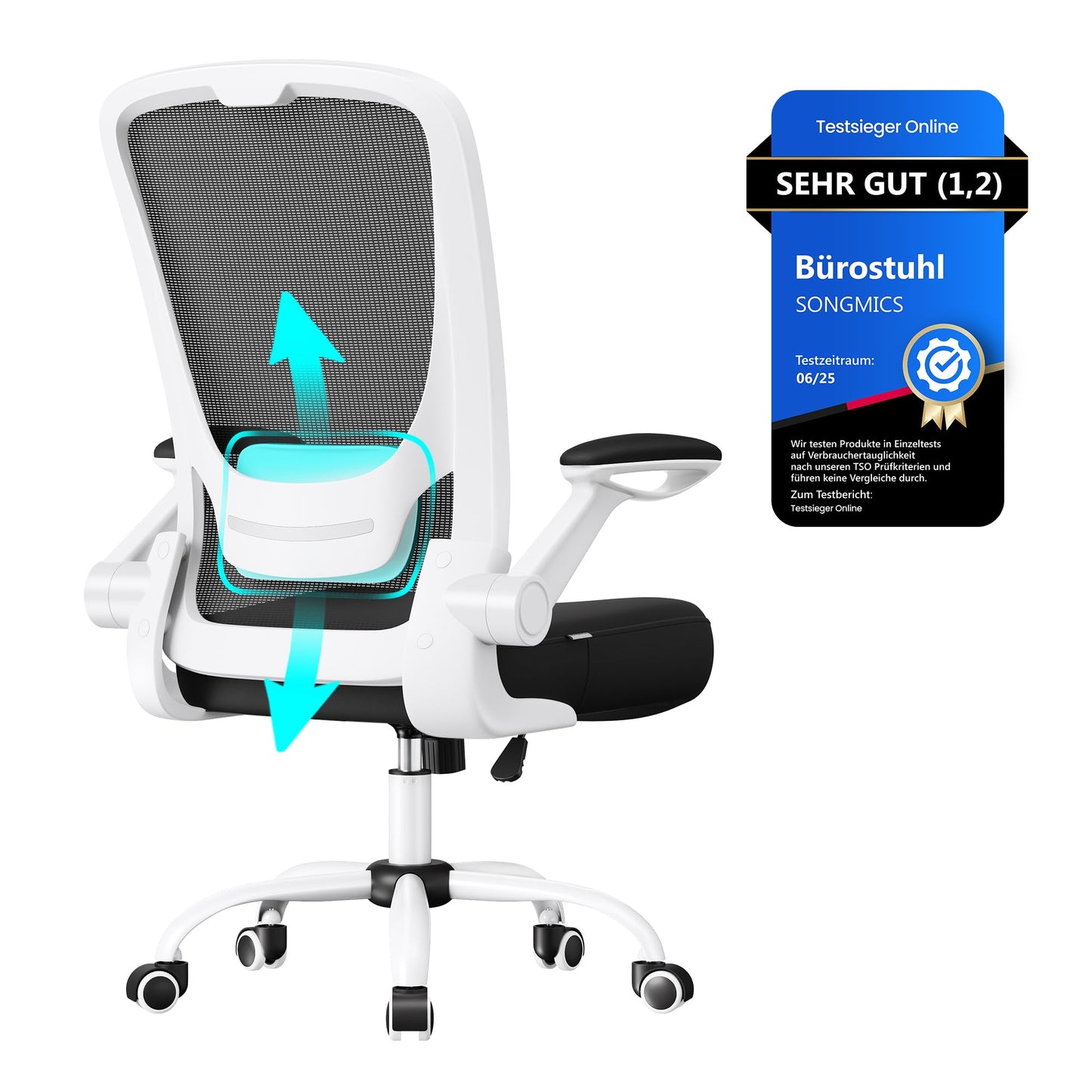 SONGMICS ergonomic office chair, swivel chair with mesh, lumbar support, rocker function, 53 cm seat, folding armrests, study and bedroom, students, black and white OBN37WT