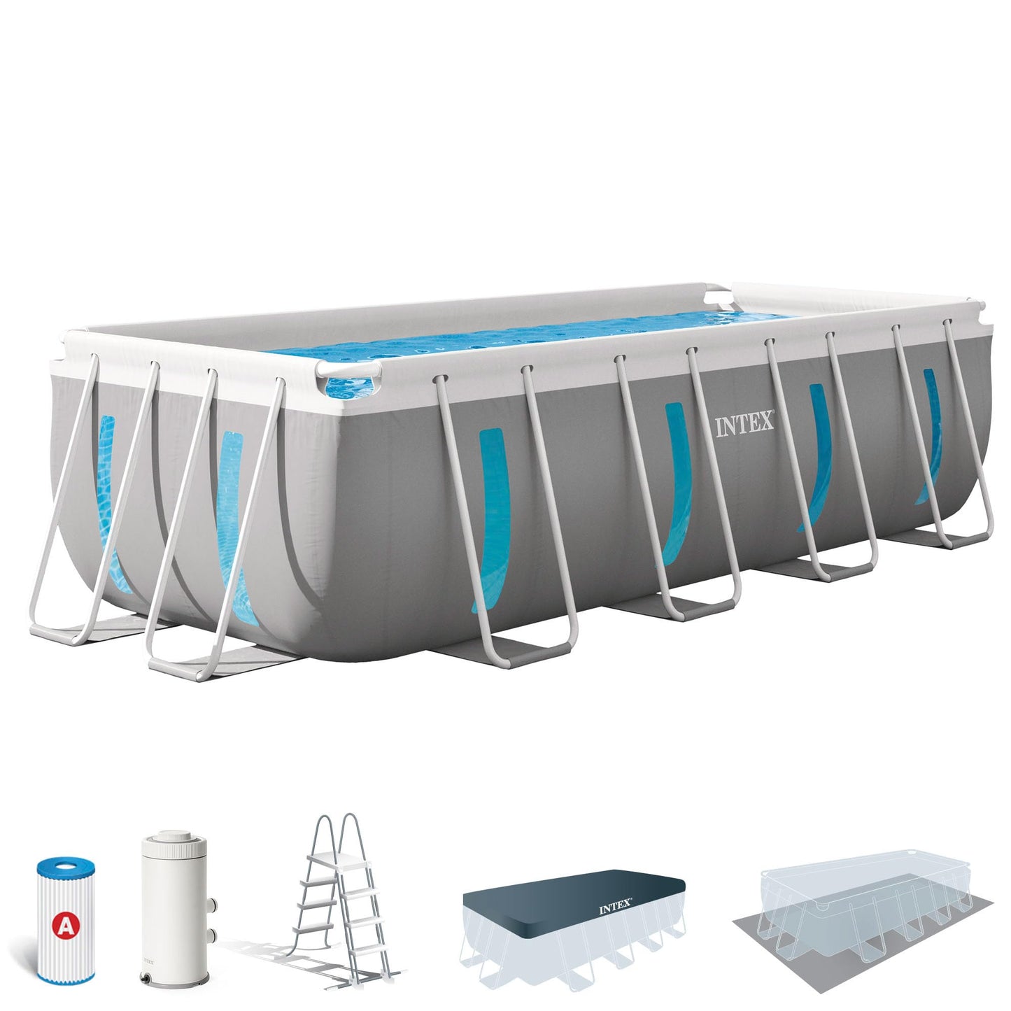 Intex 26770NP – Piscina Fuori Terra Prisma Frame Clearview Rettangolare, Pompa Filtro 2006 L/h, Scaletta, Telo Base e Copertura, 8418 L, Acciaio e PVC, Grigio, 400x200x122 cm