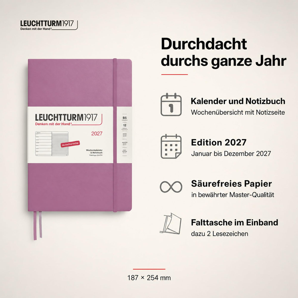 LEUCHTTURM1917 calendar săptămânal 2027 Compoziție (B5) cu caiet - planificator german de întâlniri, Dusty Rose, ianuarie-decembrie 2027, prezentare săptămânală în stânga + pagina de note în dreapta - 400039