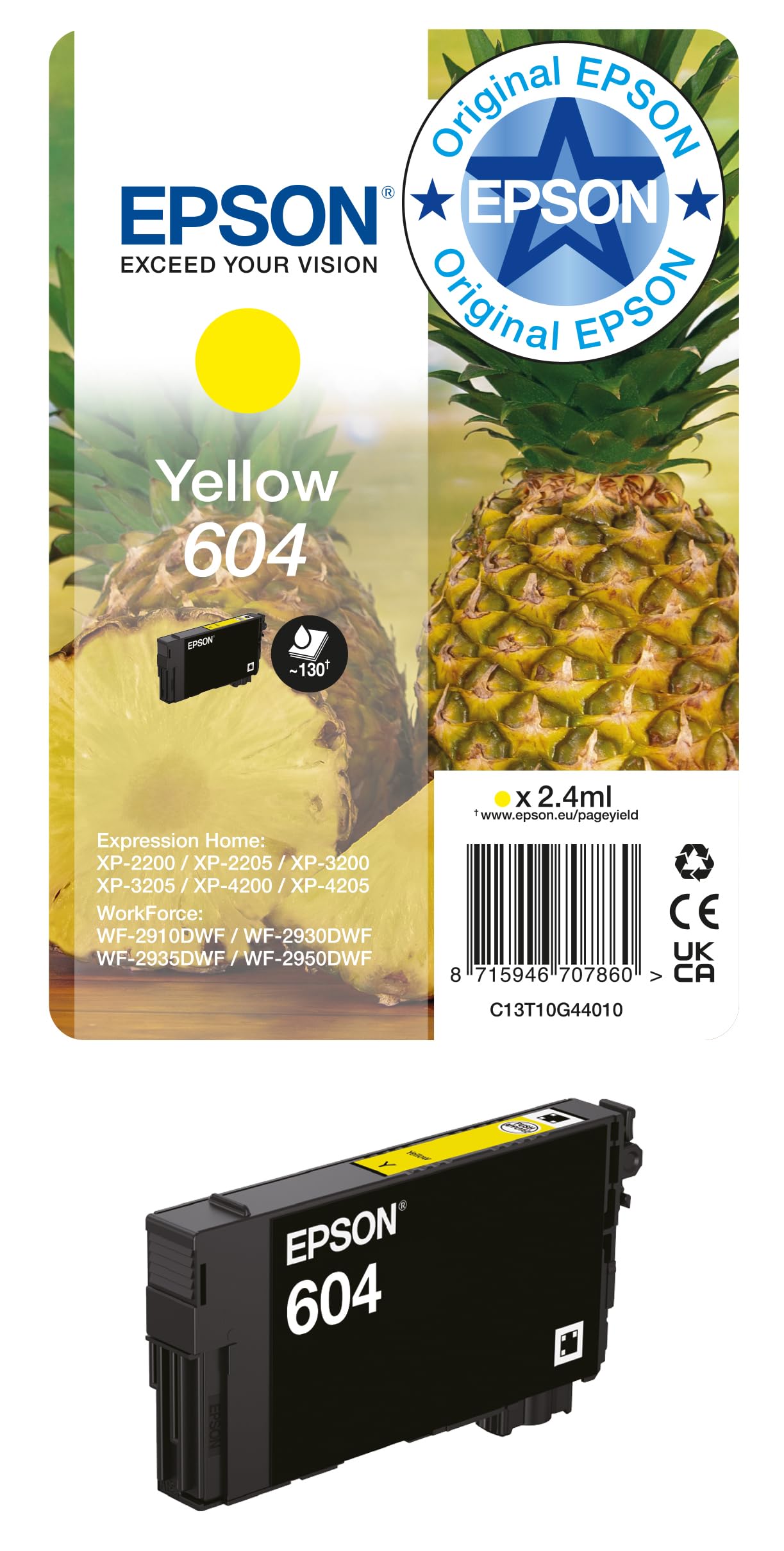 Epson 604 Pineapple, Genuine Yellow Ink Cartridge - C13T10G44020