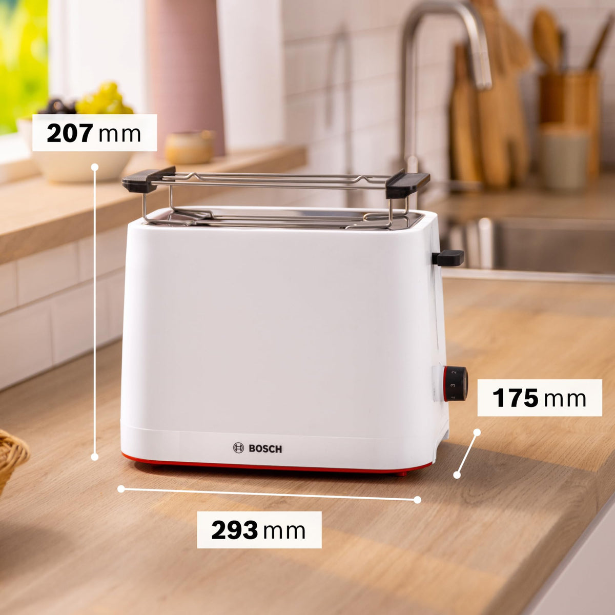 Bosch Compact Toaster MyMoment TAT3M121, removable foldable bun warmer, with defrost function, automatic shut-off, lift function, bread centering, ideal for 2 slices, 800 Watts, Matte White