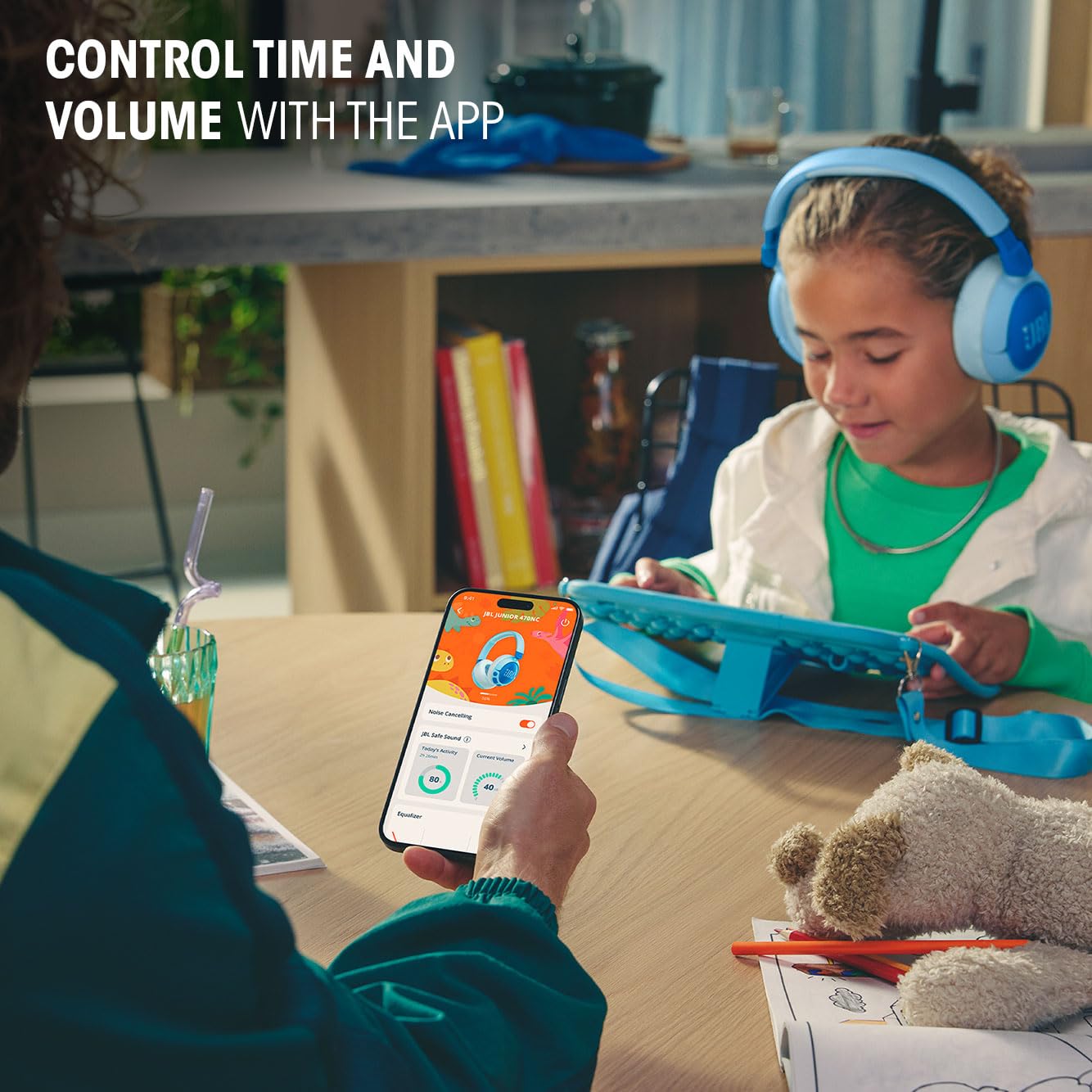 JBL Junior 470 NC, wireless over-ear Bluetooth headphones with active noise canceling for children, microphone, 50 h playback, JBL Safe Sound, low volume, simple operation and stickers, pink - JBLJR470NCPIK
