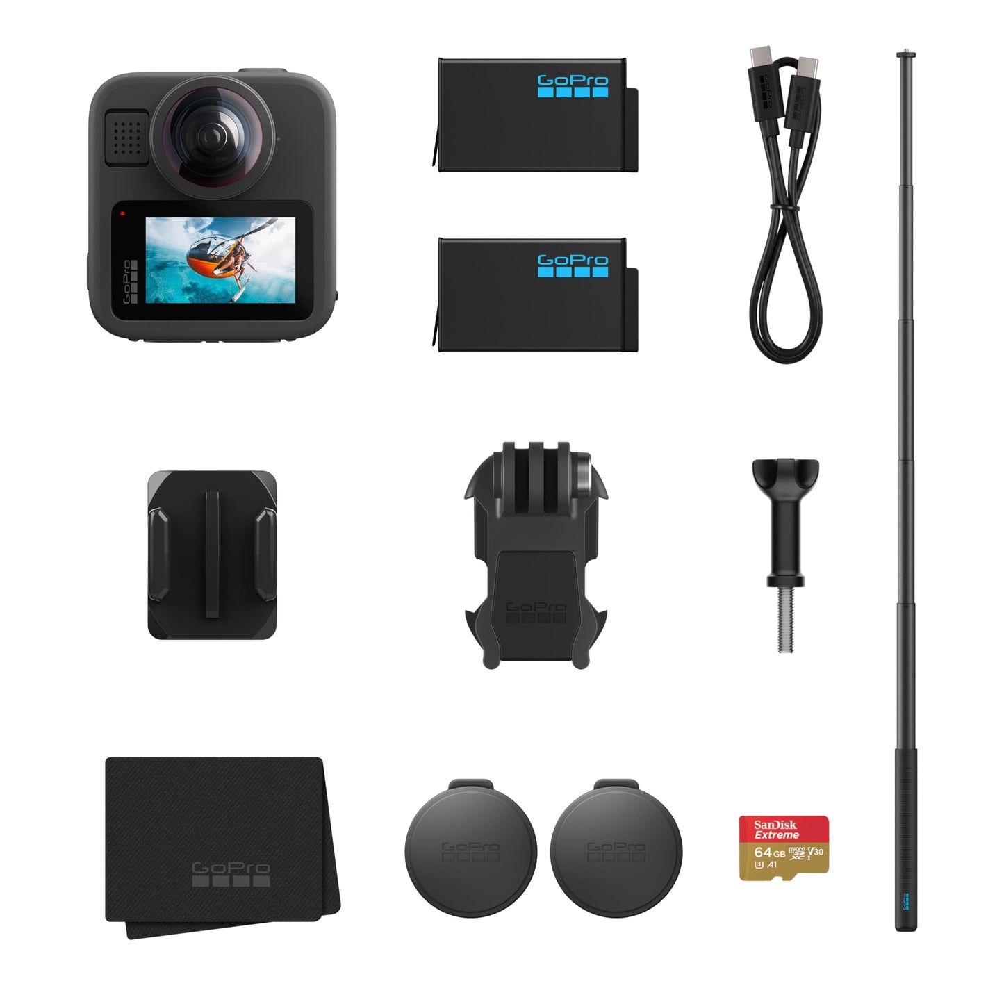 GoPro MAX2 + Accessory Pack - Includes a 1.2m extension pole, 2 1960mAh Enduro batteries and a 64GB SanDisk microSD card - CHDFZ-311-RW