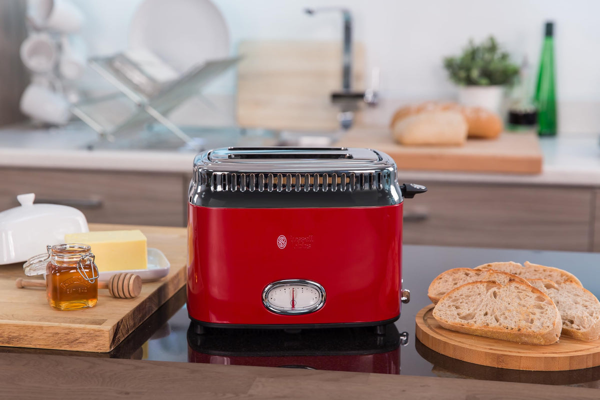Russell Hobbs Toaster [for 2 slices] Retro Stainless Steel Red (Countdown display in retro design, includes bun warmer, 6 browning levels + defrost & reheat function, 1300W) Vintage 21680-56