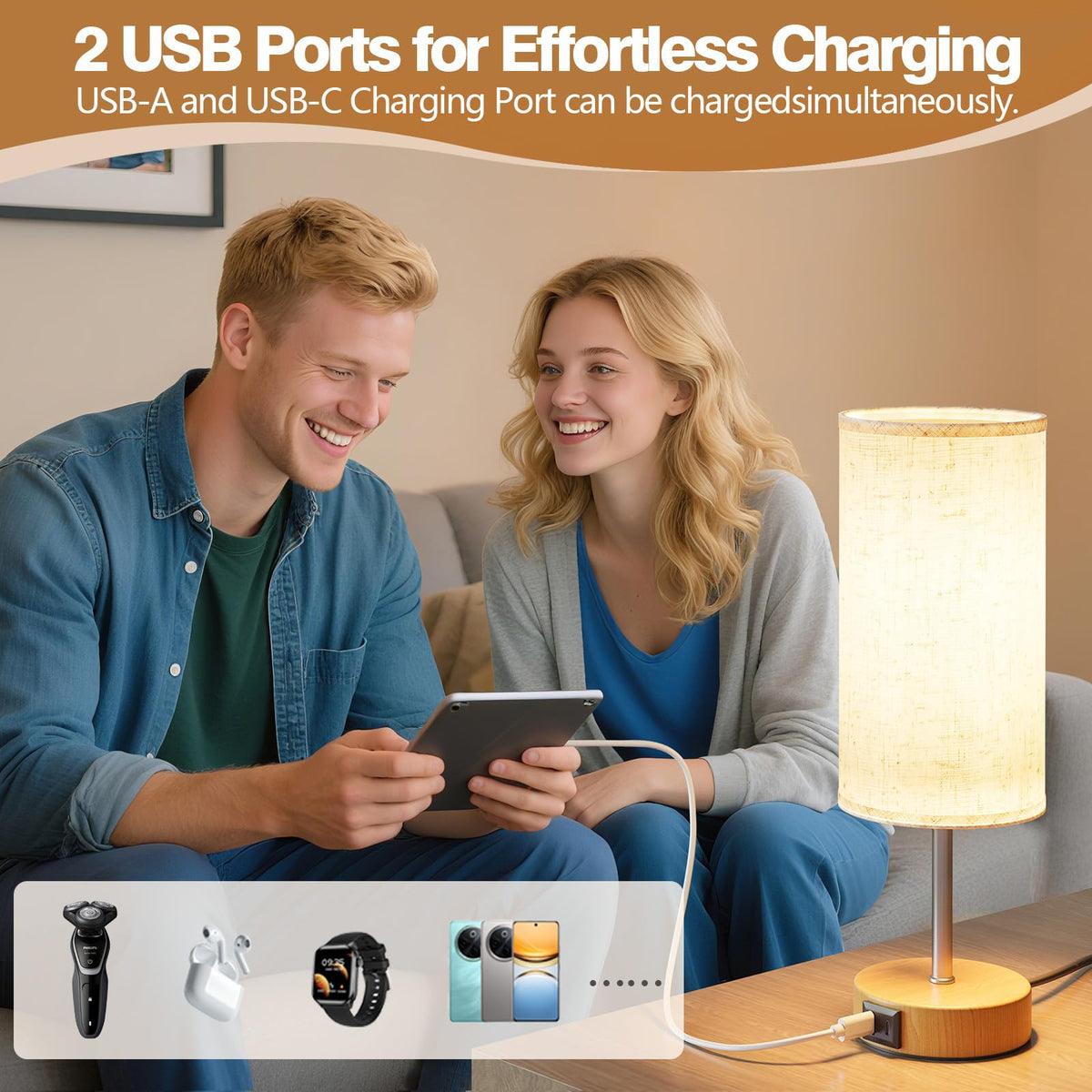 UPXNBOR Touch Nightstand Lamps 2-Piece Set, Table Lamp for Bedroom and Living Room with USB-A & USB-C Charging Ports, 3-Way Dimmable Nightstand Lamps, Linen Fabric Shade, (LED Bulb Included) - N15-1