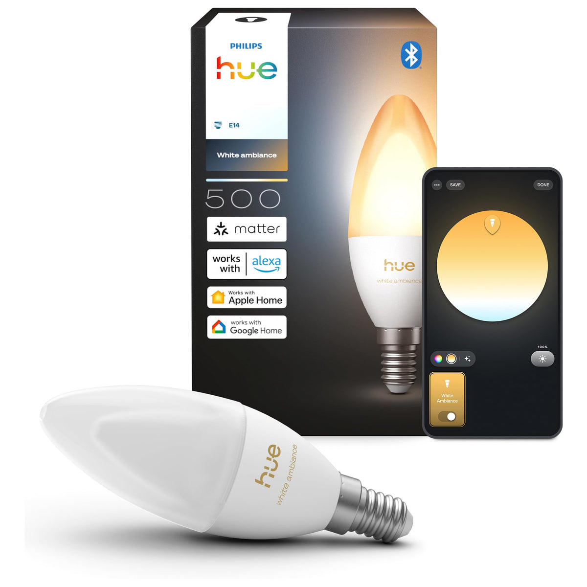 Philips Hue Smart LED Bulb, B39, E14, 1-Pack, White Ambiance, Full Spectrum Light 1,000 K–20,000 K, 500 lm, Extremely Low Dimmable, Alexa, Google Home, Apple Home - 929004295601