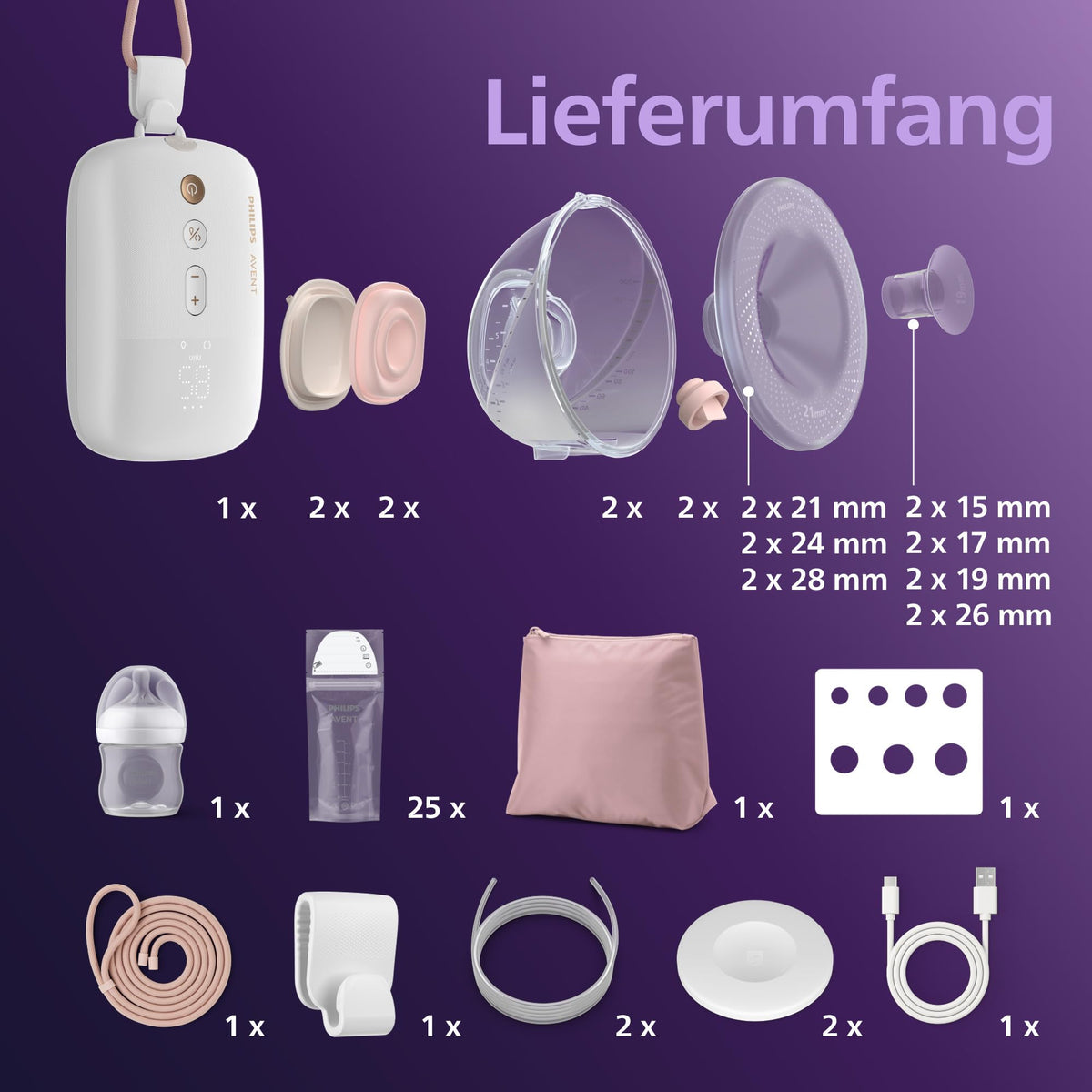 Philips AVENT Hands-Free Breast Pump Starter Set, hospital-grade motor, mimics the baby's drinking rhythm, up to 85 pumping motions per minute, model SCD553/11.