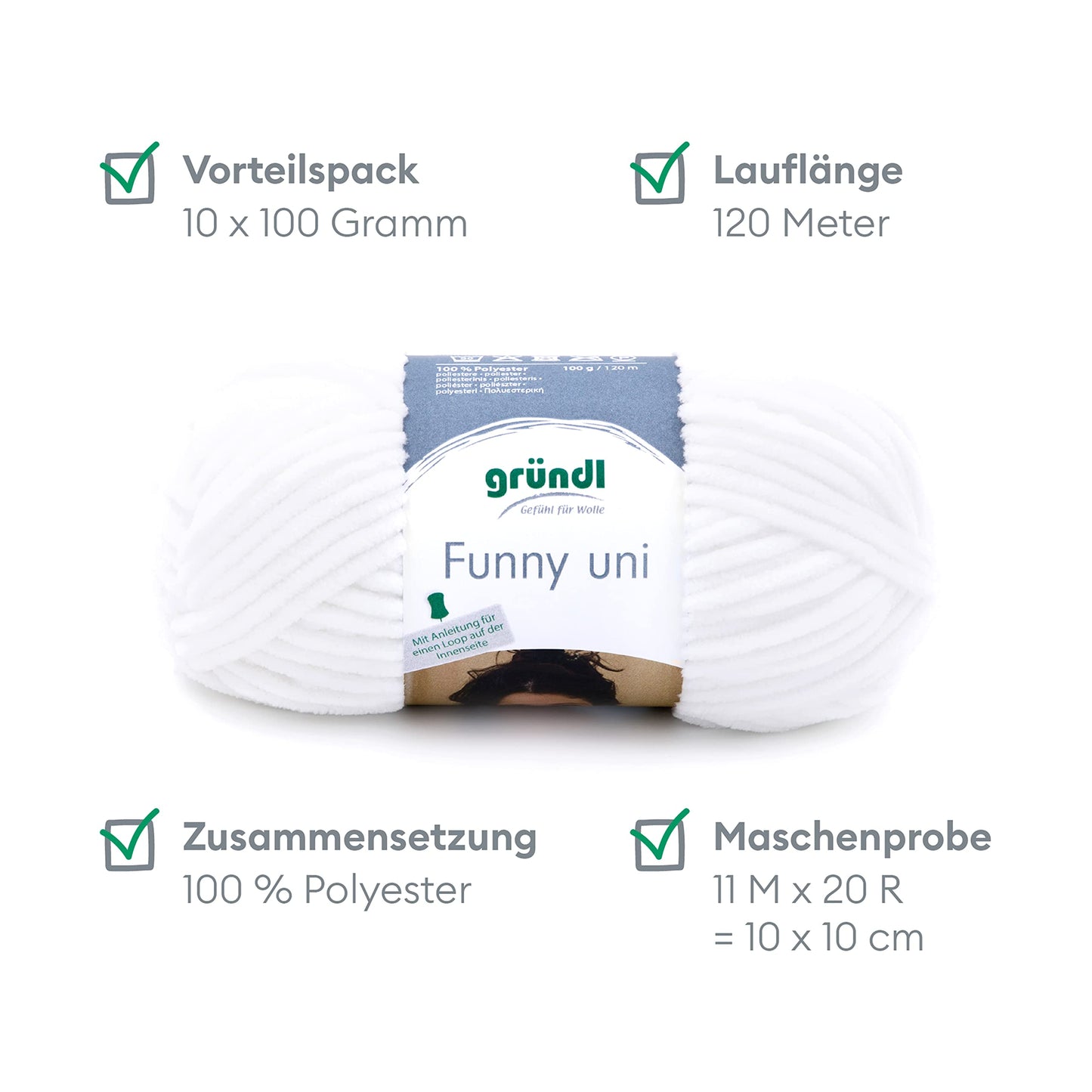 Gründl Wolle Funny uni - soft chenille wool for crocheting - cuddly and skin-friendly - 100% polyester - 10 balls 100 g / 120 m - needle size 5-6, white - 3442-01