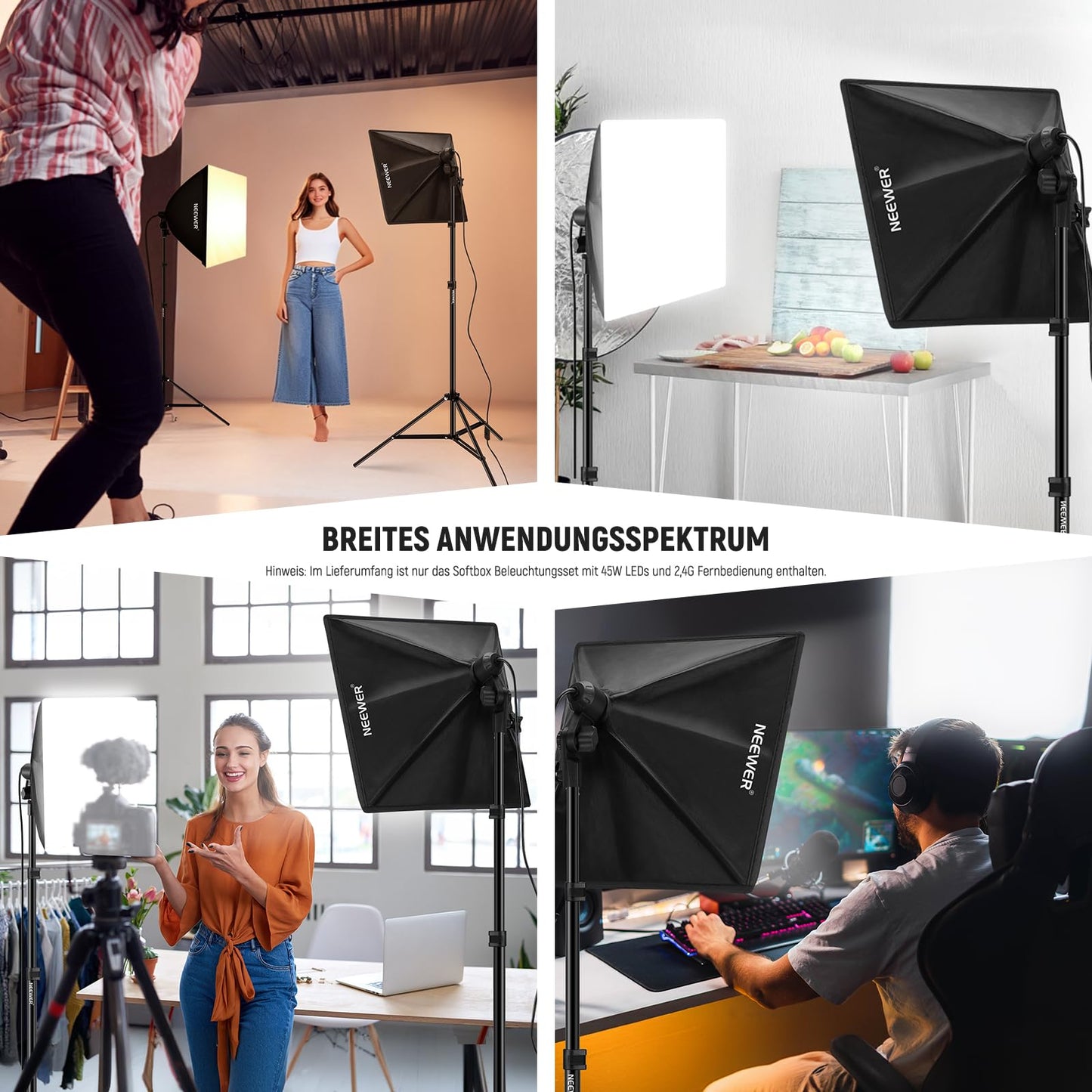 NEEWER 24"x24" softbox lighting kit with tripod stands, pack of 2, 45W two-tone 2.4G LED bulbs, 10 channels, 2900K-7000K, 1400Lux/m, CRI95, 20m remote control, photography continuous light kit, NK103 - 10105818