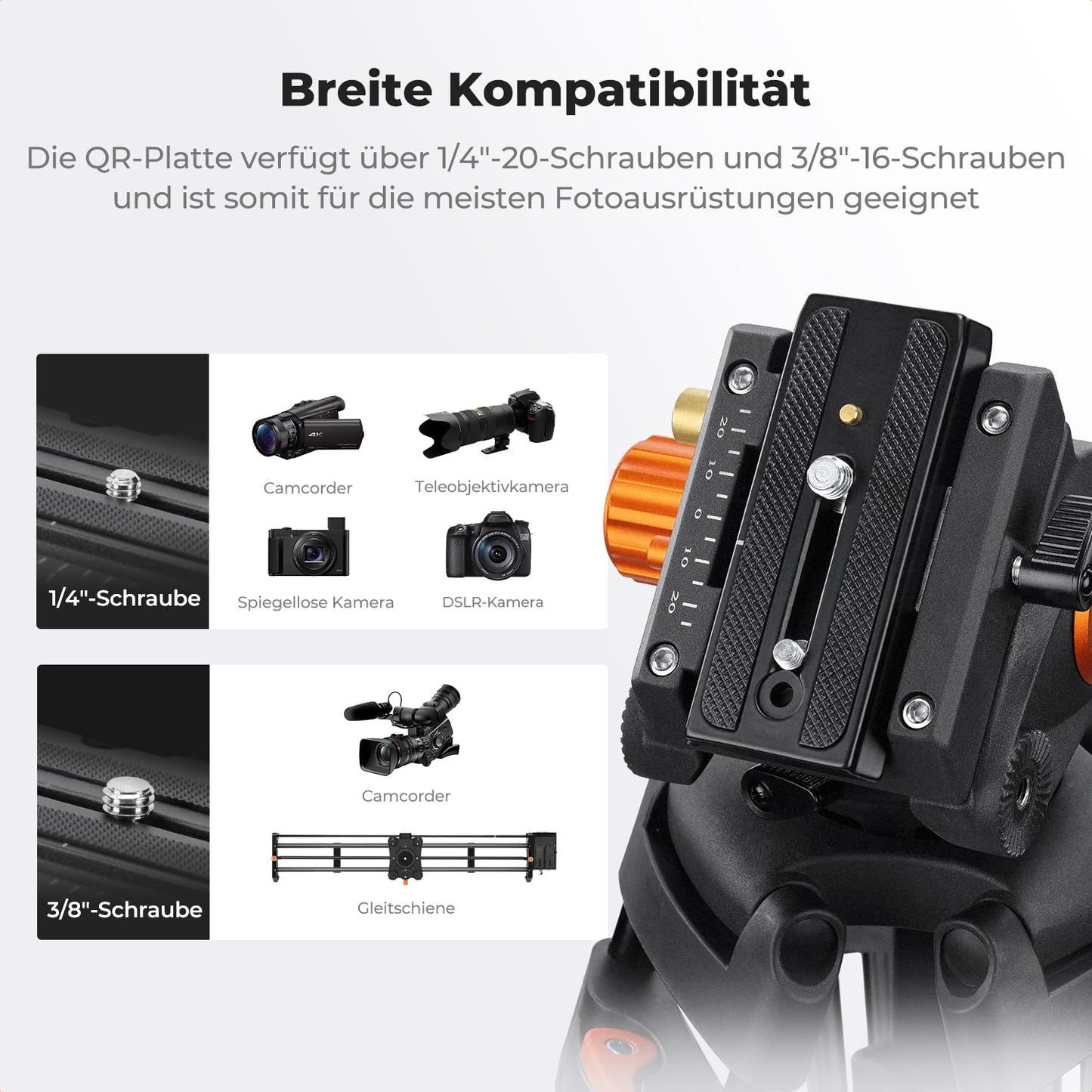 K&F CONCEPT Black-Orange Aluminum 202cm Video Tripod, Heavy Duty Tripod with Fluid Head and Quick Release Plate, Camera Tripod for DSLR, Camcorders, Cameras, Load Capacity 8kg - VA3+BV70