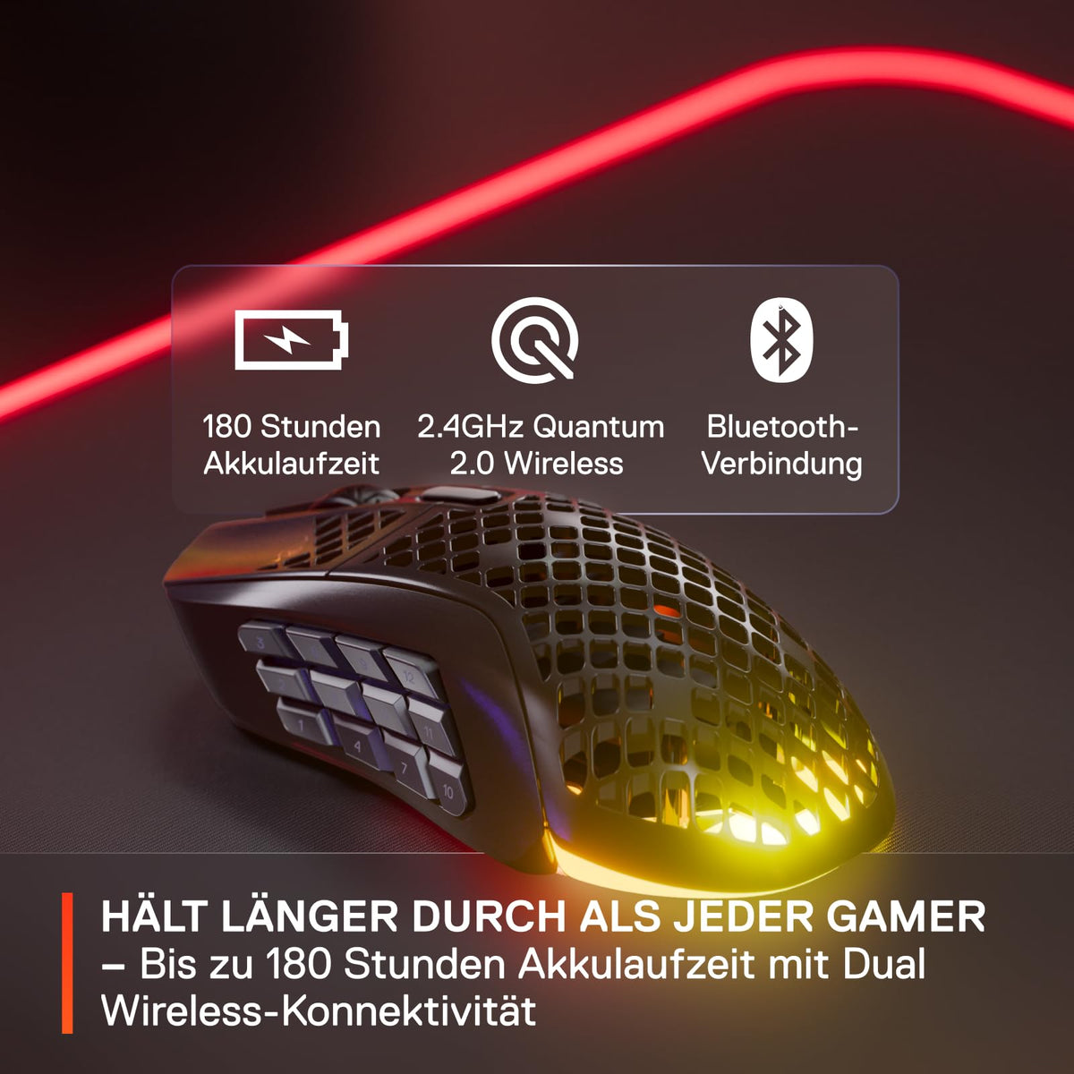 SteelSeries Aerox 9 Wireless - Mouse de gaming RGB cu deschideri în suprafață - Design ultra-ușor, rezistent la apă - 18 butoane - Bluetooth/2,4 GHz - Senzor optic TrueMove Air cu 18.000 DPI - 62618