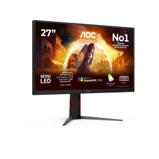 AOC U27G4XM Monitor de gaming de 27 inch cu hub USB, mod dual, panou Fast IPS, 1ms GtG, Adaptive Sync, HDR1000, compatibil G-Sync, ajustare pe înălțime, (3840x2160@160Hz; 1920x1080@320Hz HDMI 2X 2.1 DP 1x 1.4) negru