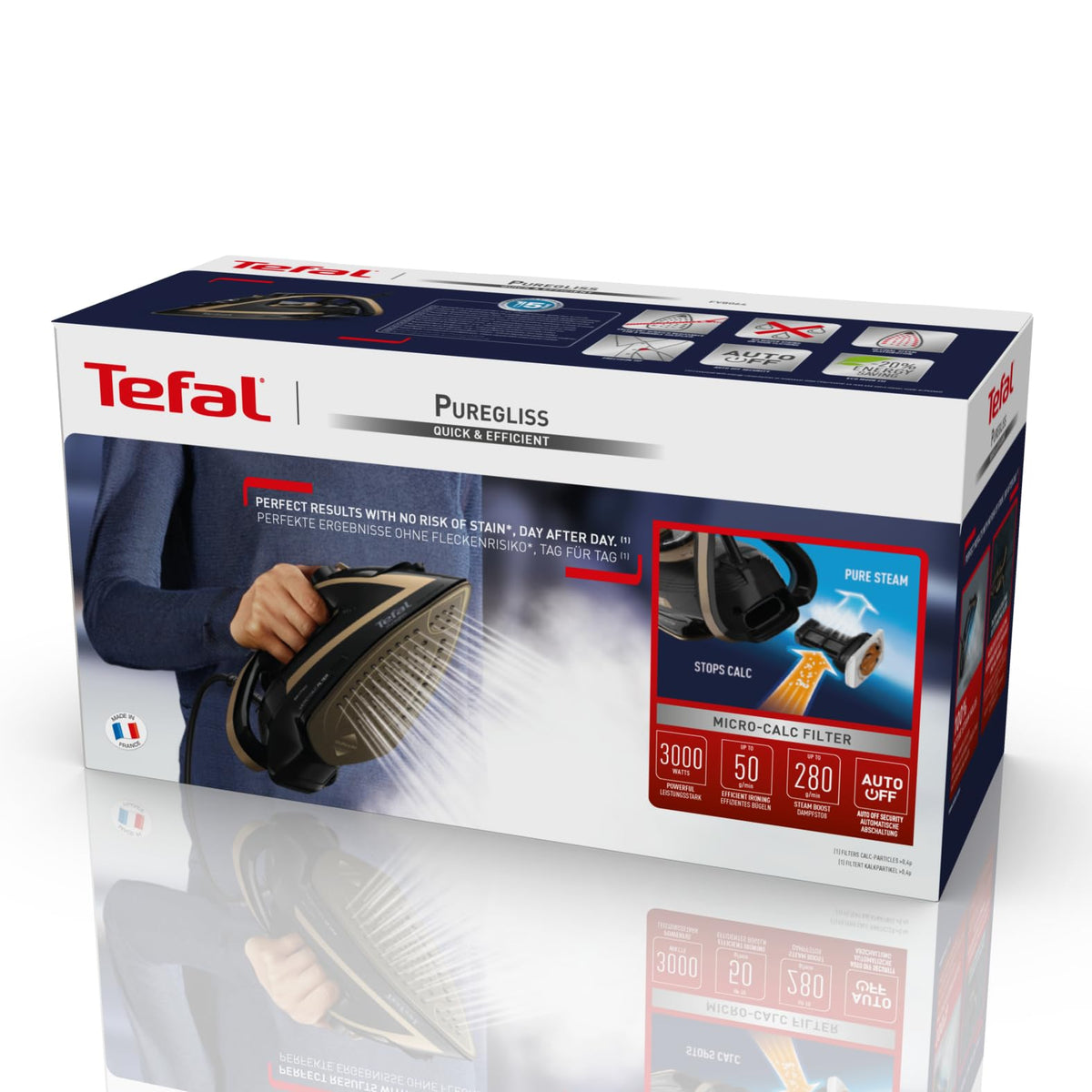 Tefal Puregliss Steam Iron, 3000 Watts, 280 g/min steam boost, 0-50 g/min variable steam, vertical steam, Durilium AirGlide Autoclean soleplate, Micro-Calc filter, black/gold, FV8064