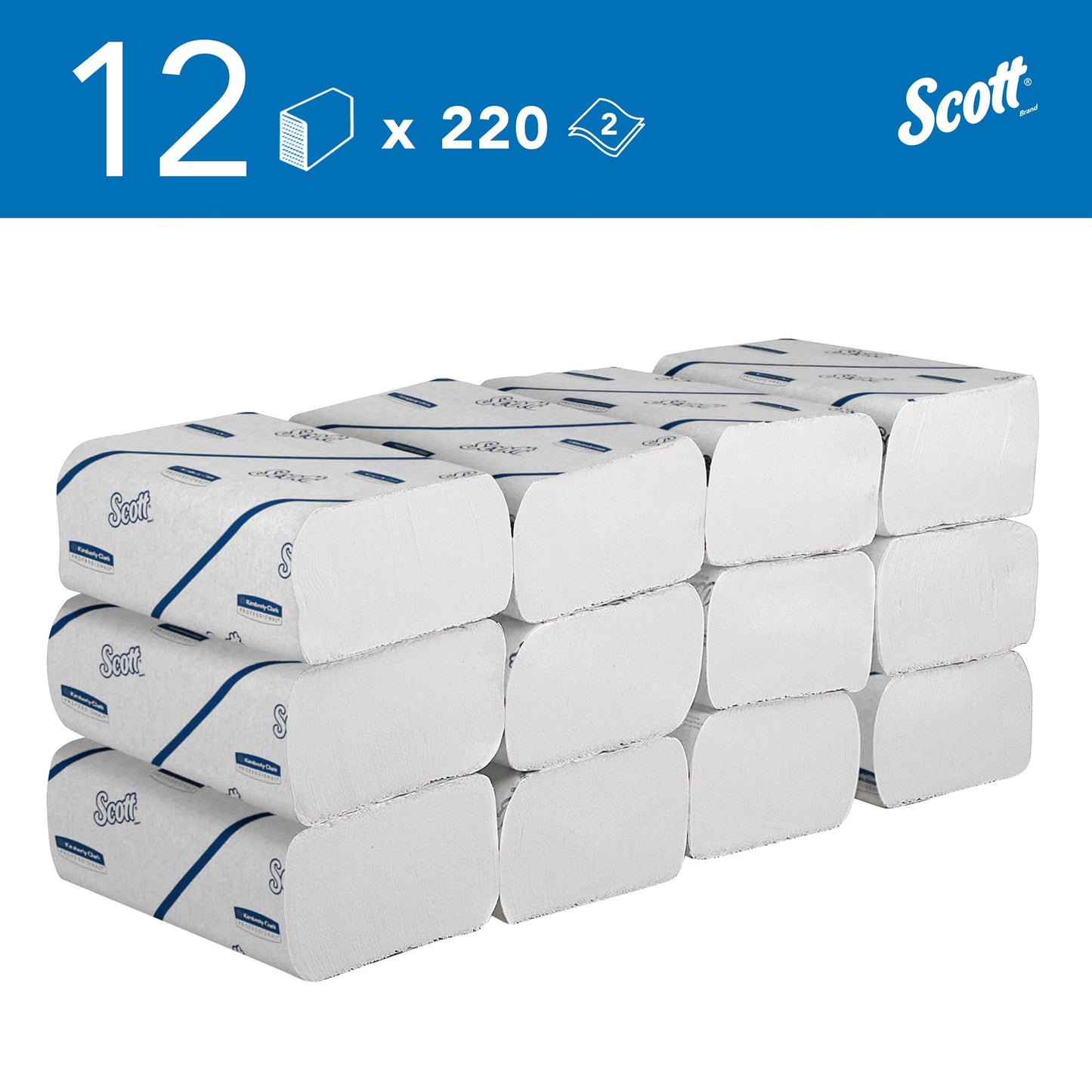 Scott Essential paper towels, 2-ply white narrowfold towel paper, made from FSC-certified paper, 12x 220 paper towels (2,640 in total), item no. 6603