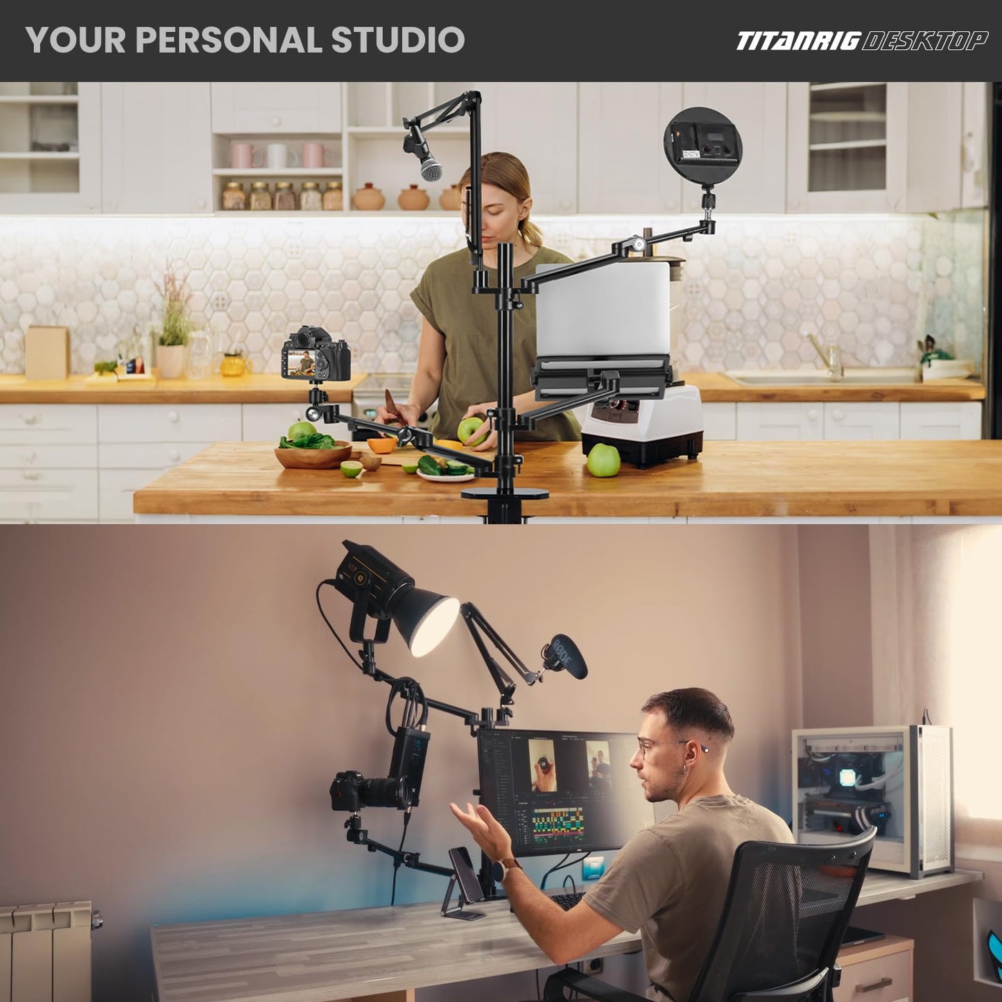 TARION table tripod camera overhead tripod: camera table mount clamp tripod flexible table mount with 4 articulated arms for ring light monitor microphone photography video live streaming titan rig (table set) - TitanRig-Desk