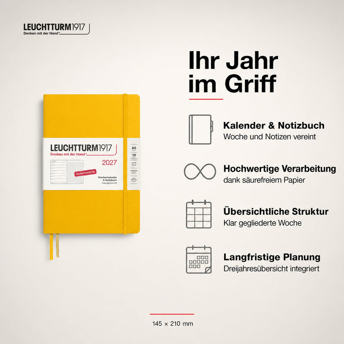 LEUCHTTURM1917 Calendar săptămânal 2027 punctat mediu (A5) cu caiet - Planificator de întâlniri german, floarea soarelui, ianuarie-decembrie 2027, prezentare generală săptămânală în stânga + pagină cu note în dreapta - 400093