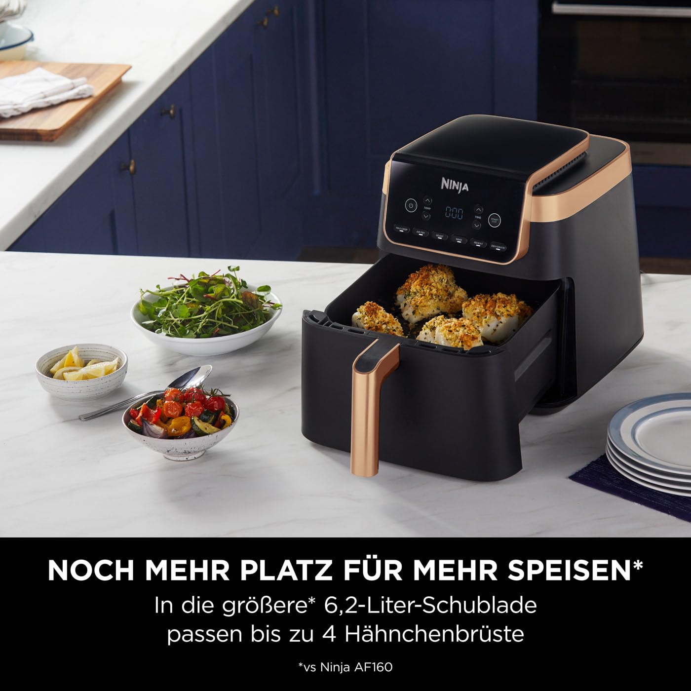 Ninja Air Fryer MAX PRO, 6.2L, Oil Free, Large Drawer, Roasting, Baking, Air Fry, Non-Stick, Dishwasher Safe Basket & Crisper Grid Insert, Silicone Tongs, Black/Copper, AF180EUCP