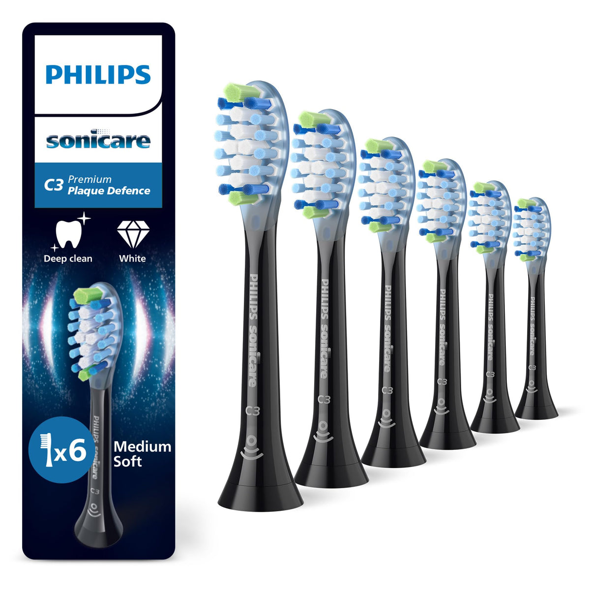 Philips Sonicare C3 Premium Plaque Defense, Original Replacement Brush Heads, Black, 6-Pack, HX9046/88