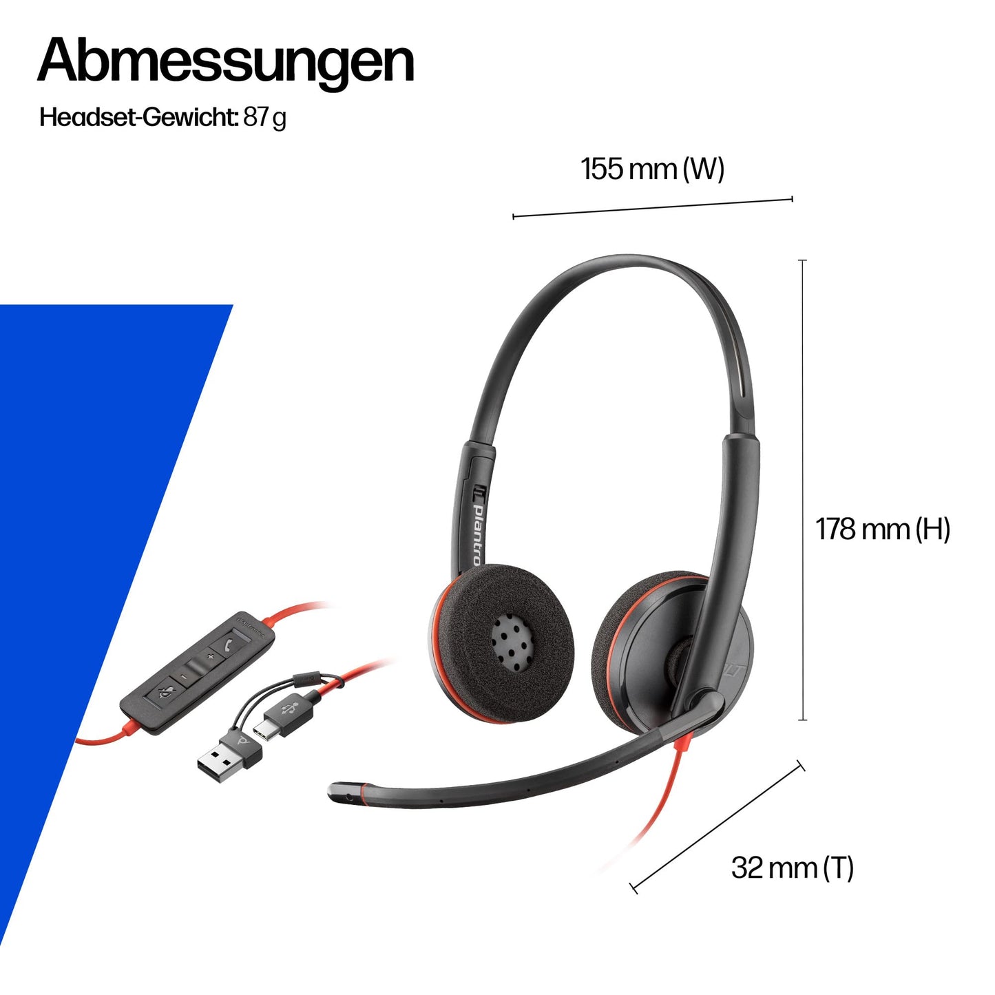 Poly Blackwire 3220 corded USB-C headset, noise canceling microphone, stereo design, connects to PC/Mac via USB-C or USB-A, compatible with Teams/Zoom, SoundGuard technology - 9P7X8AA