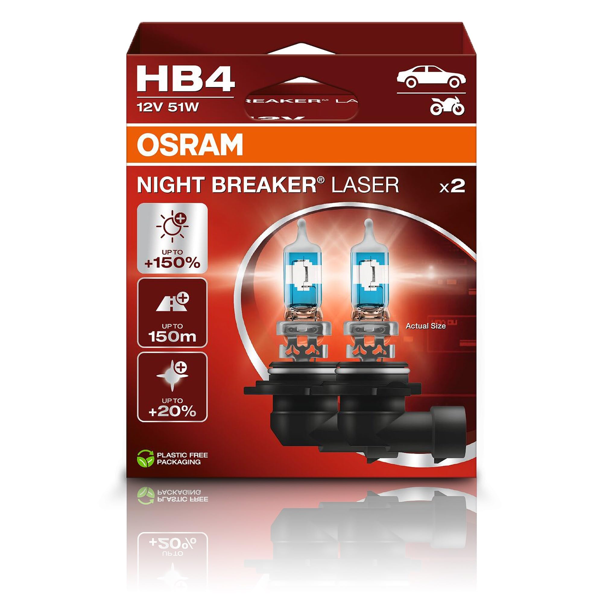 Osram NIGHT BREAKER LASER HB4, +150% more brightness, halogen headlight lamp, 9006NL-2HB, 12V car, hanging box (2 lamps)