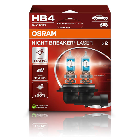 Osram NIGHT BREAKER LASER HB4, +150% more brightness, halogen headlight lamp, 9006NL-2HB, 12V car, hanging box (2 lamps)