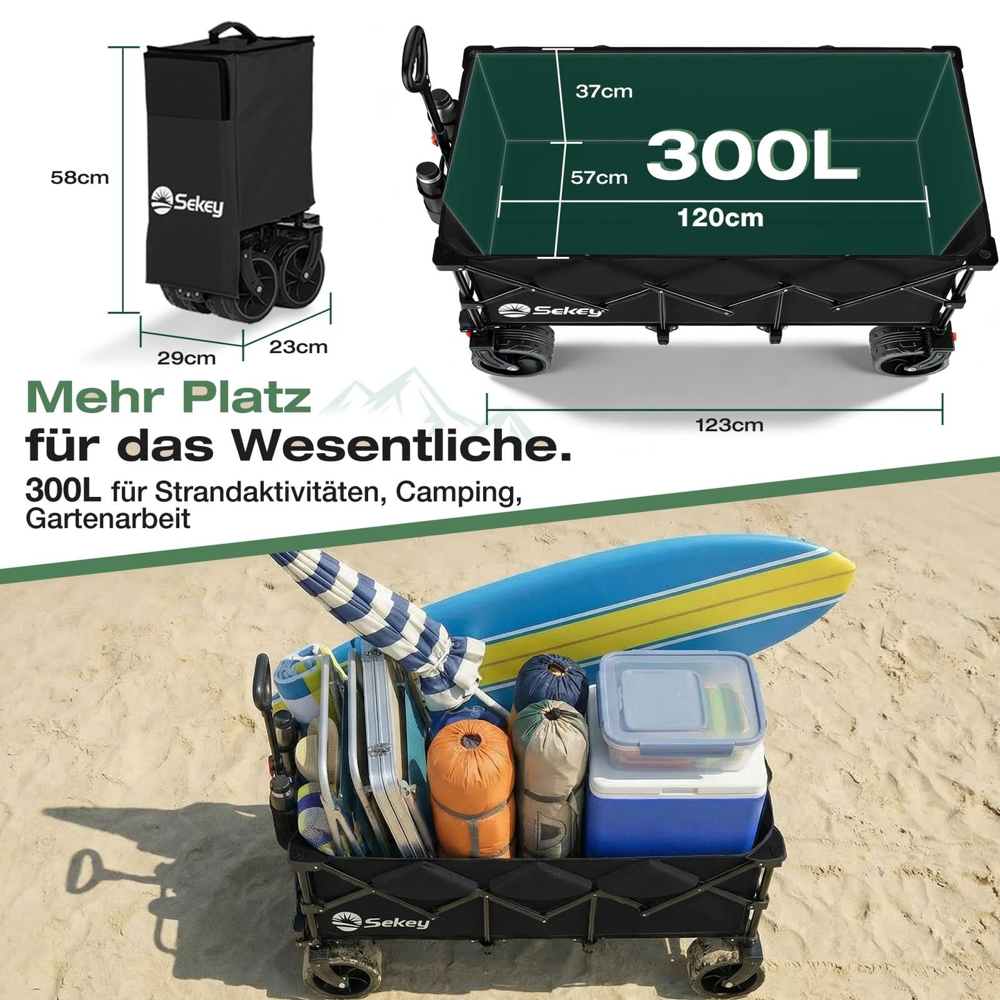 Sekey XXXL Handcart Foldable 300L 200KG Heavy Duty, Extended Folding Handcart with Extra Width 17x10 cm All-Terrain Wheels Handcart, Patented 4-Way Instant Assembly Transport Cart, Black - 4013
