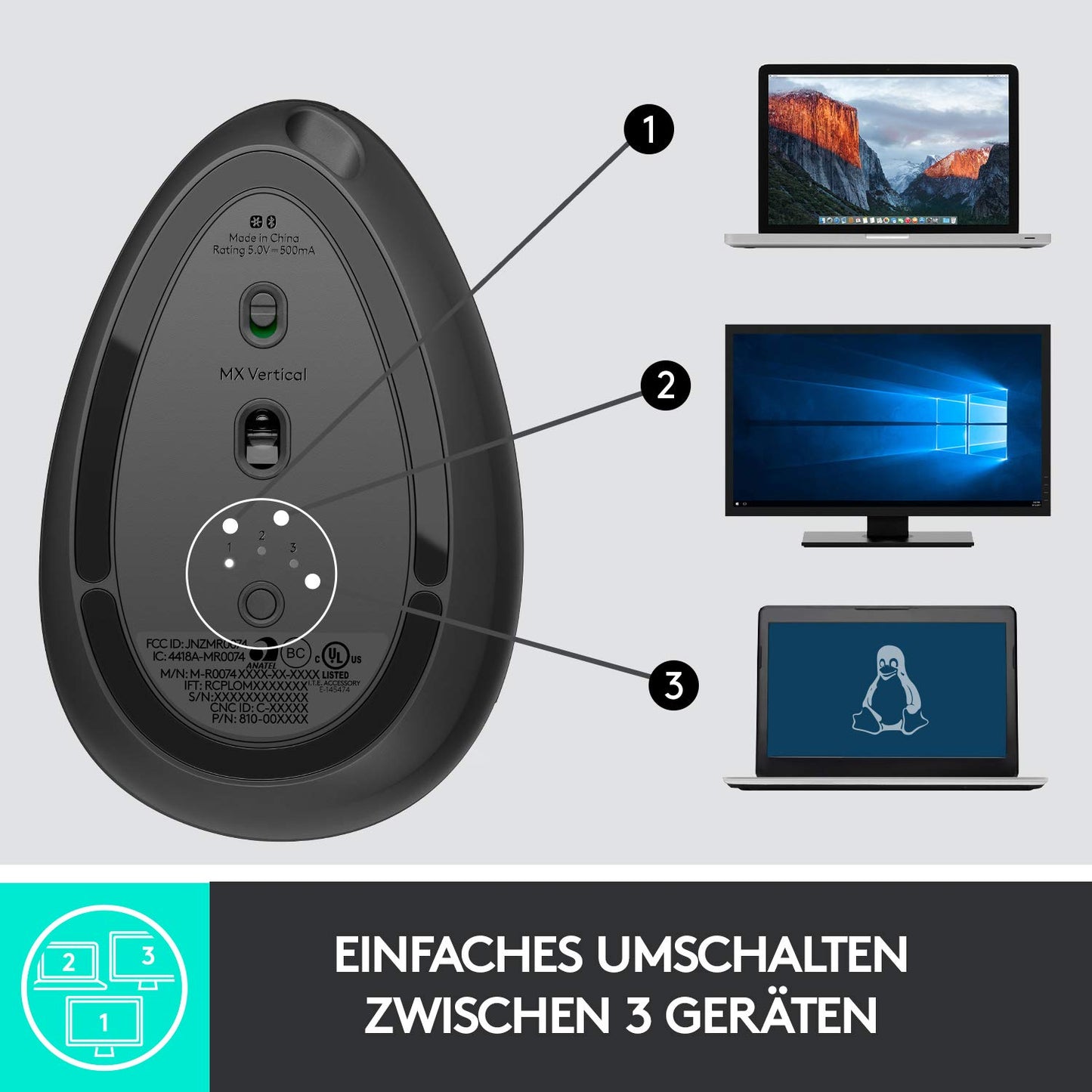 Logitech MX Vertical, ergonomic wireless mouse, Bluetooth and 2.4 GHz connection via Unifying USB receiver, 4000 DPI sensor, rechargeable battery, 4 buttons, multi-device, PC/Mac/iPadOS - graphite - 910-005448
