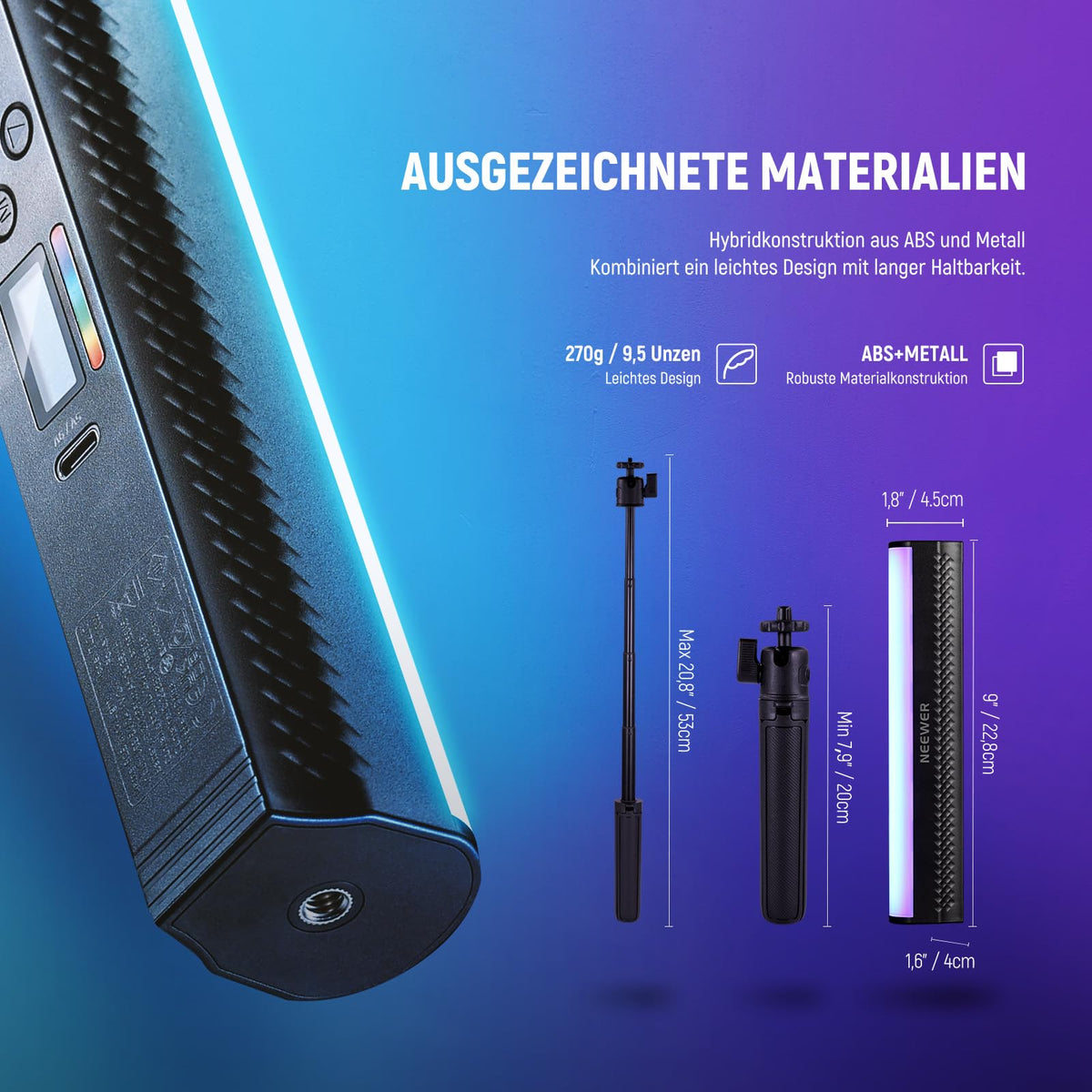 NEEWER RGB Light Stick with Table Tripod, Magnetic Handheld Photography Video Lighting Stick, 2500K-8500K Dimmable CRI95+ Full Color LED Tube Light, 2550mAh Battery, 17 Scenes for Vlog TikTok, TL20C