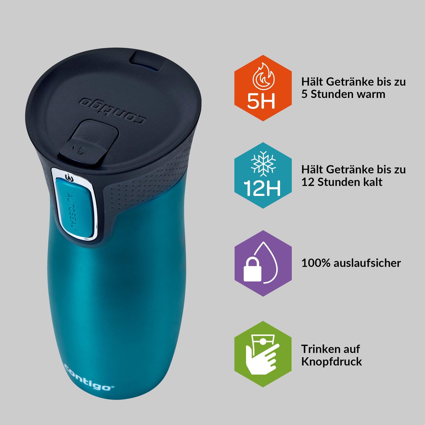 Contigo thermo mug West Loop Autoseal, stainless steel insulated mug, travel mug, coffee mug to go, leak-proof, 100% leak-proof, keeps hot for up to 5 hours/cold for 12 hours, 470 ml, BPA free, Bay - 2095846
