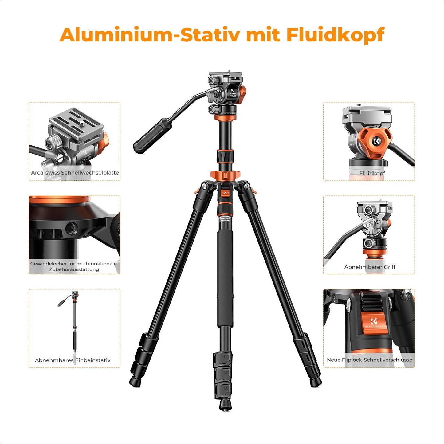 K&F CONCEPT black-orange video tripod video tripod with fluid head, 200cm tripod for on the go, with removable monopod, aluminum travel tripod K234A7+FH-03