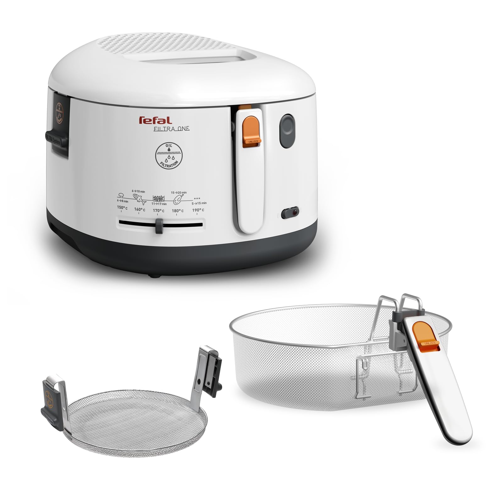 Friteuză Tefal cu filtru de ulei, miros redus, termoizolată, sigură la atingere, mânere pliabile compacte, reglabilă 150-190°C, lavabilă în mașina de spălat vase, pentru cartofi prăjiți, nuggets, gustări, cu strat antiaderent - FF1631