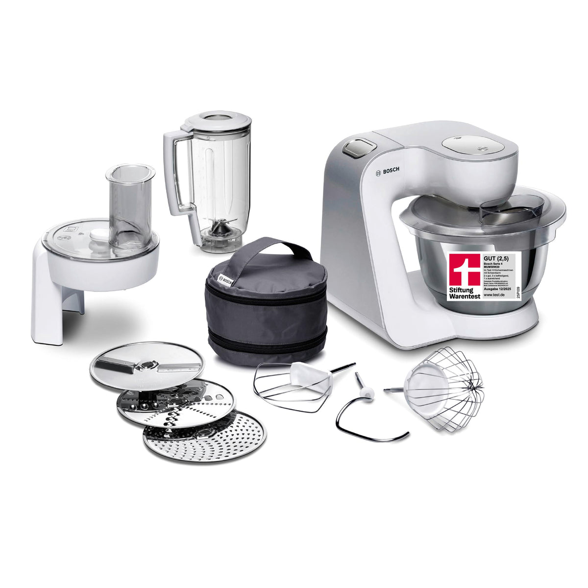Bosch Kitchen Machine Series 4, Stainless Steel Bowl 3.9 L, Dough Hook, Whisk and Beater in Stainless Steel, Dishwasher Safe, Blender 1.25 L, Continuous Slicer, 3 Discs, 1000 W, White, MUM58W20