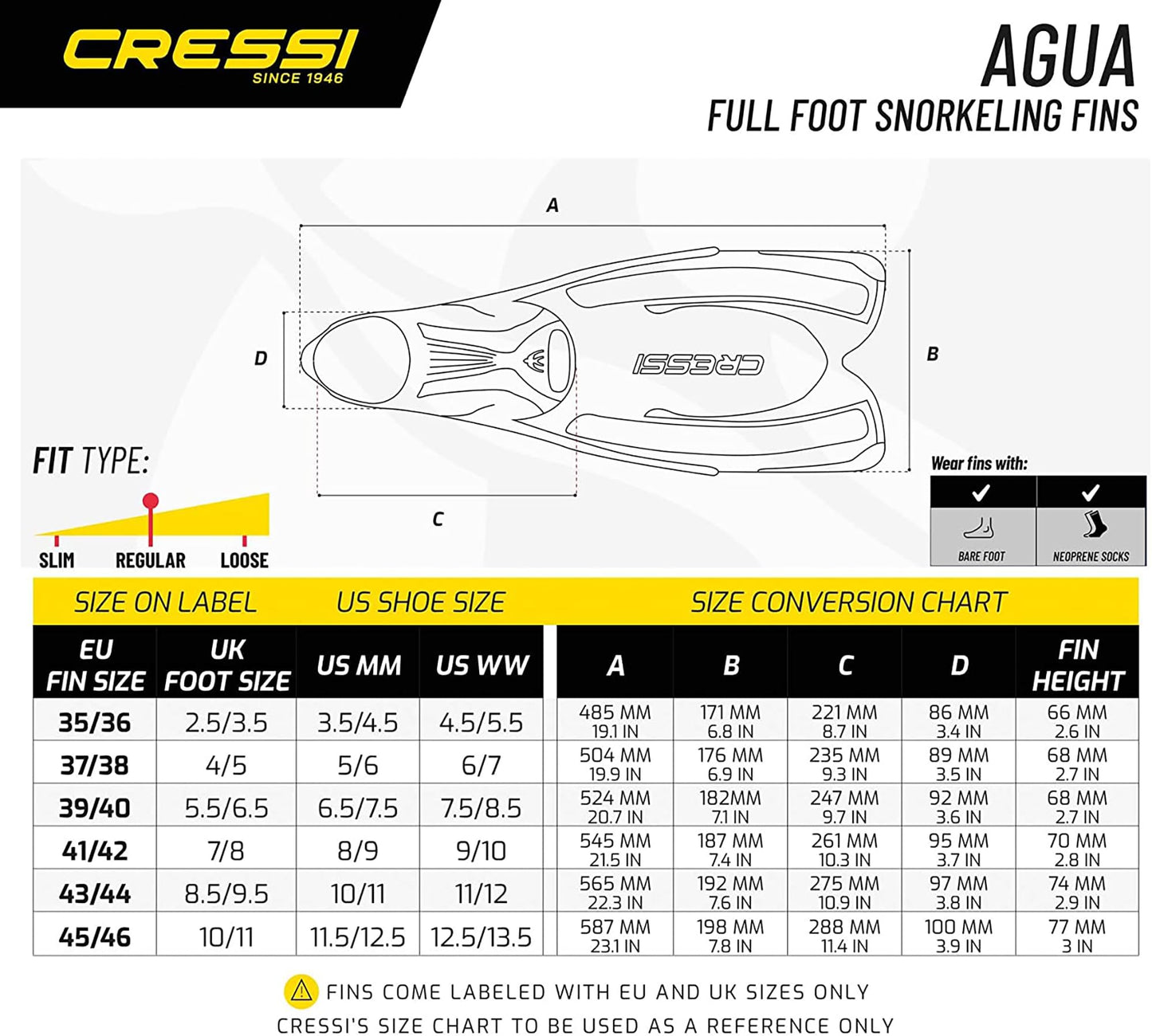 Cressi Agua Fins Swimming Fins - Adjustable Foot Section for Diving - Ergonomic Short Fins Adults & Children - Durable Fin Material - Blue - 45/46 - CA206343
