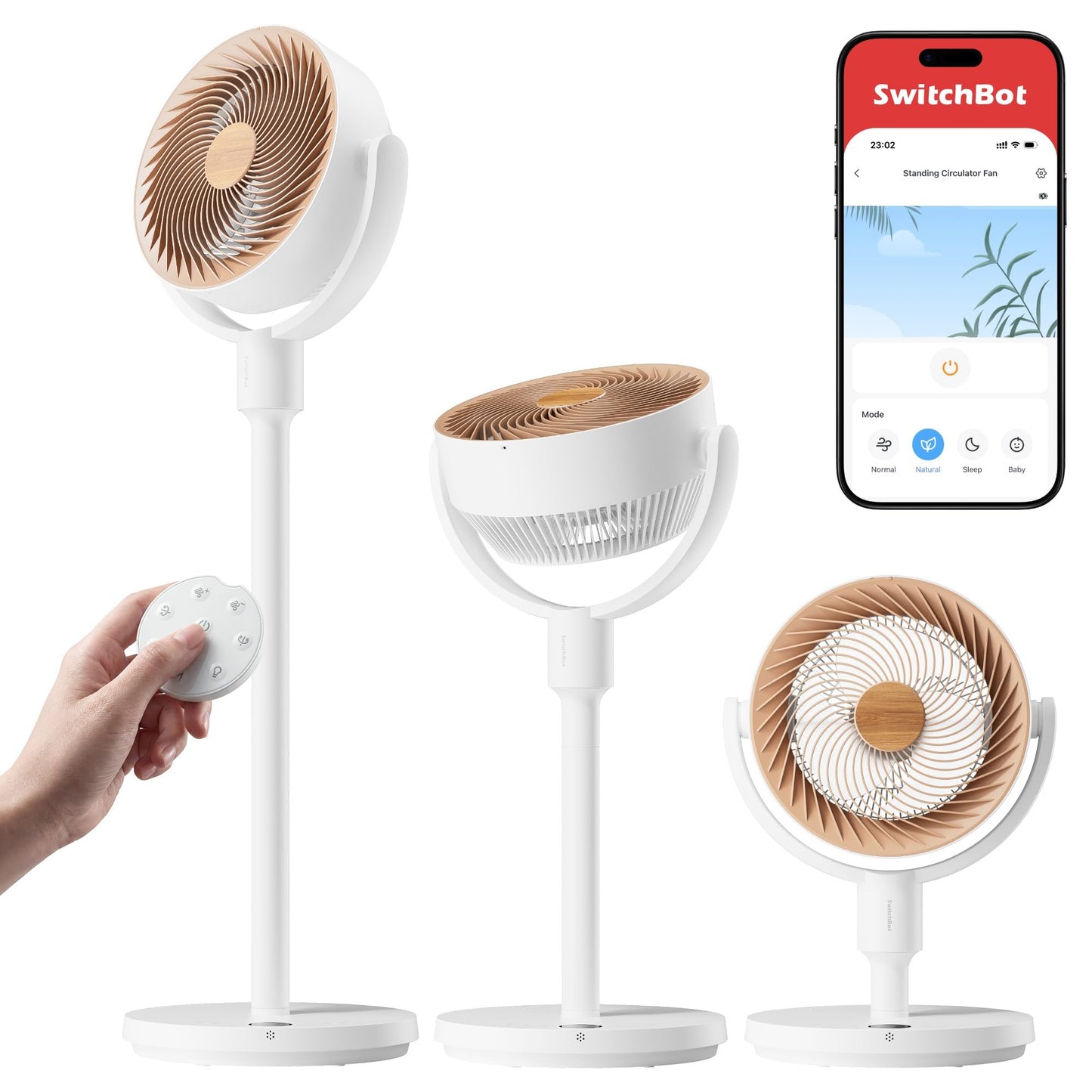 SwitchBot pedestal fan with air circulation with RGB lighting, 22 dB ultra-quiet, remote control, Matter via hub, 9.15 m³/min airflow, height adjustable, 4 modes, 9 speeds, 9h timer - W3800520