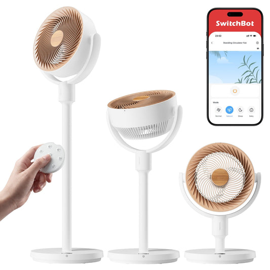 Ventilator cu piedestal SwitchBot cu circulație a aerului cu iluminare RGB, ultra-silențios 22 dB, telecomandă, Matter prin hub, flux de aer 9,15 m³/min, înălțime reglabilă, 4 moduri, 9 viteze, temporizator 9h - W3800520