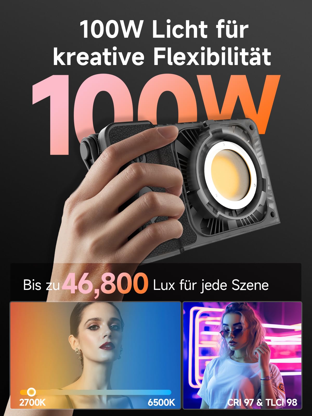 Rollei LUX 100W RGB Professional LED Continuous Light Photography Candela APP Smart Operation, Photo Light Ultra Flat & Light | Dual power supply | Adjustable color temperature 2700 – 6500K - 23126