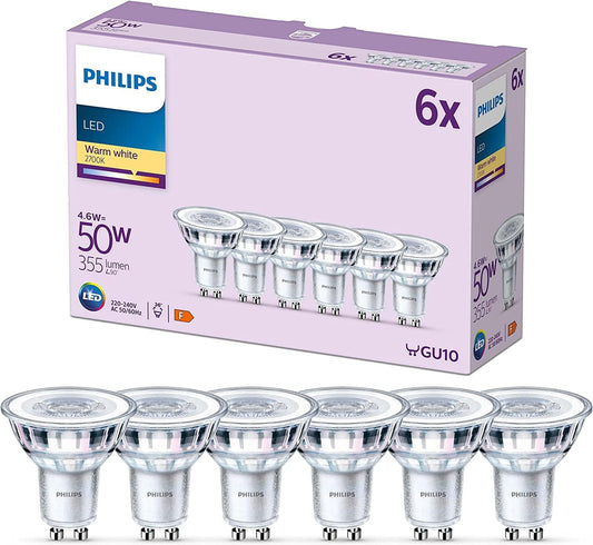 Philips LED Classic GU10 lamps pack of 6 (50 W), reflector LED spots with warm white light, energy-saving lamps with a long useful life, warm white - 929001215237
