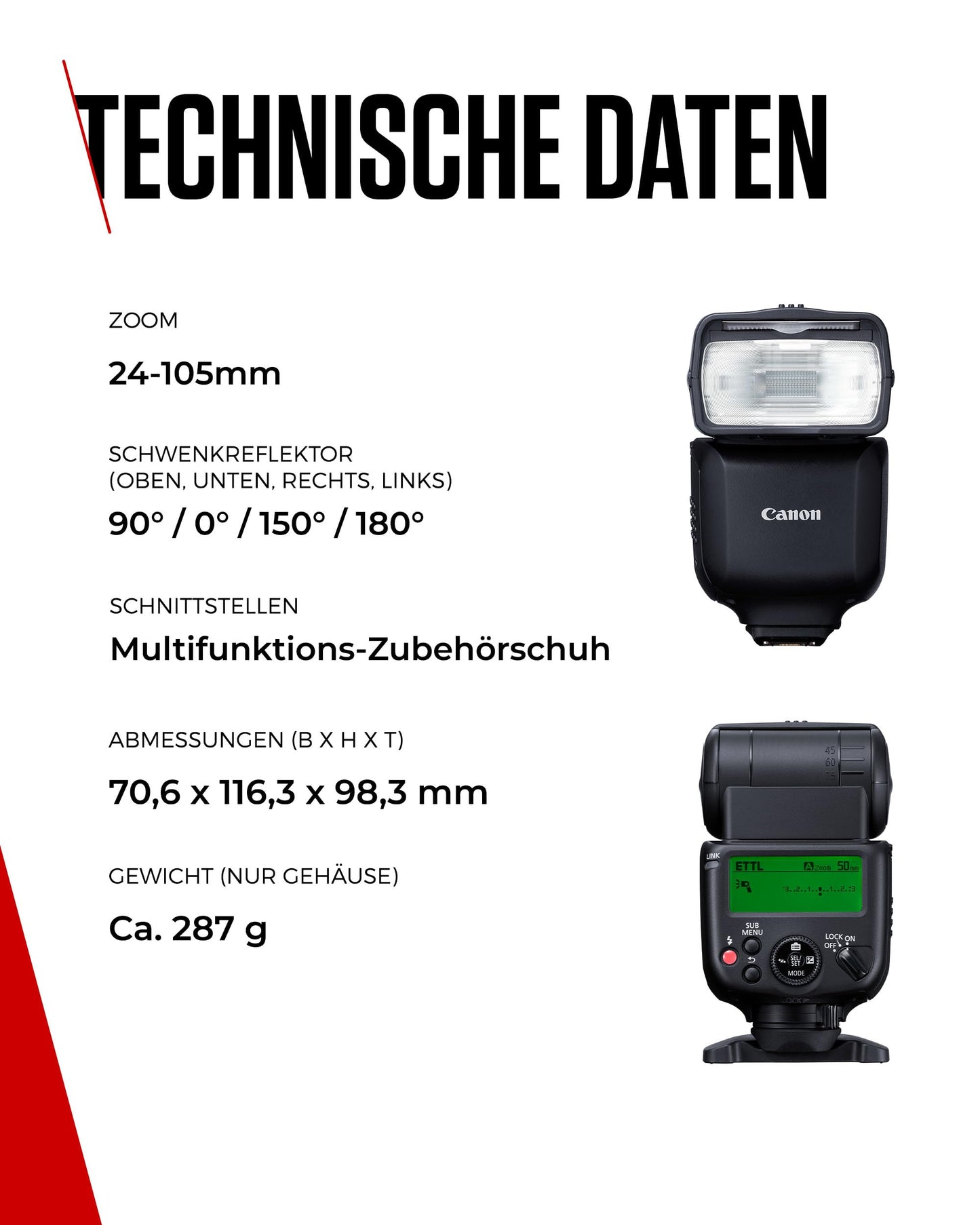 Canon Speedlite EL-10 flash unit (guide number 40, 24-105mm focal length, 1.5s charging time, wireless control, E-TTL II, Camera Connect, 1/1 to 1/1024 power, 180° tilt, note compatibility) Black