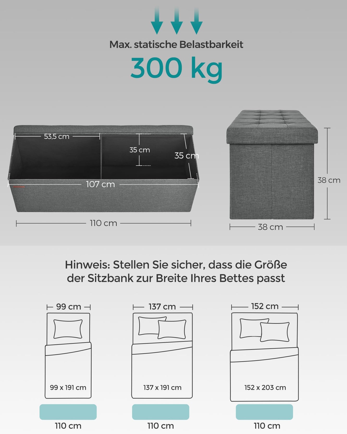 SONGMICS stool with storage space, folding bench, 38 x 110 x 38 cm footstool, storage box, loads up to 300 kg, for living room, bedroom, hallway, slate gray LSF77K - 6955880314393