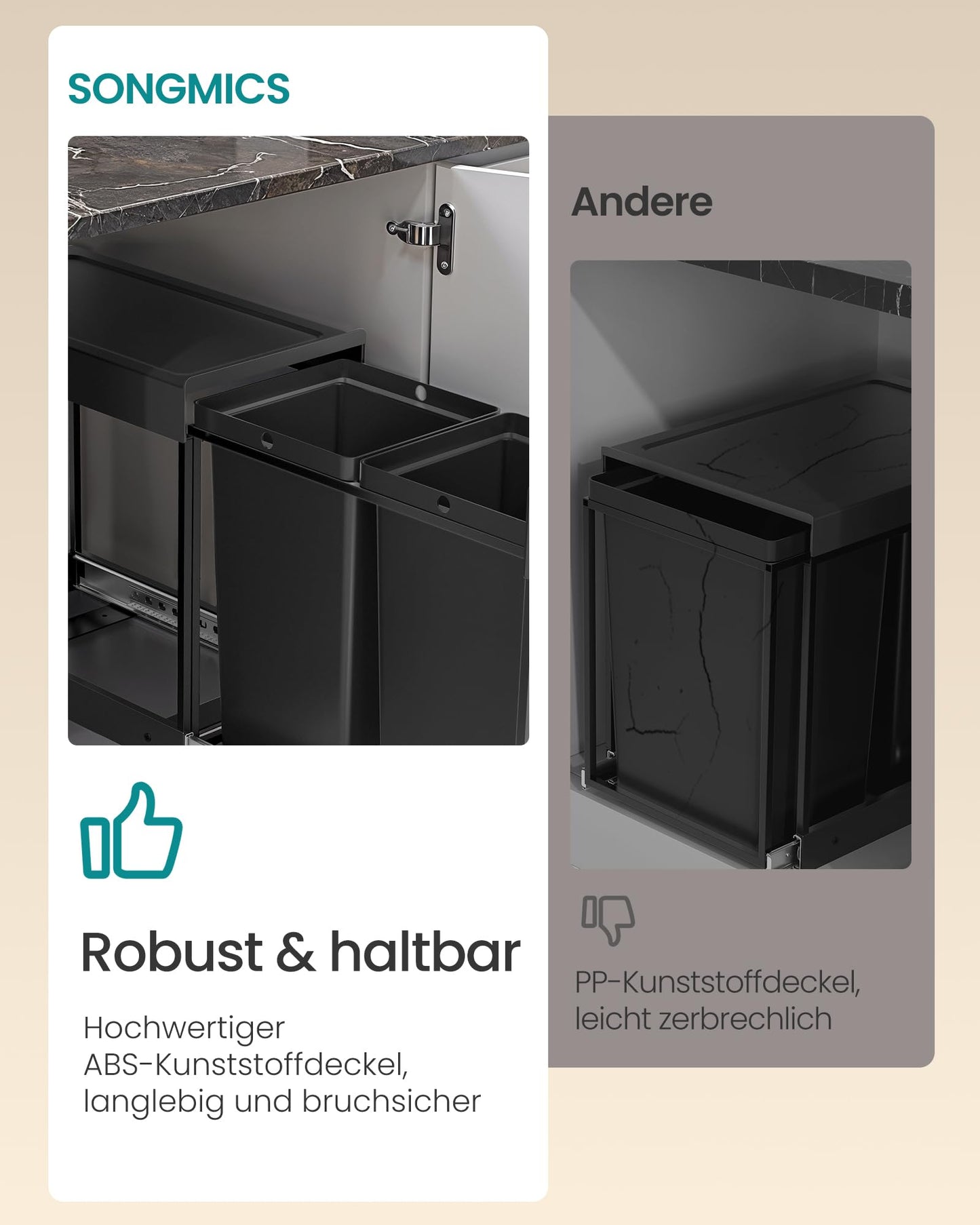 SONGMICS kitchen trash can, trash separation system for base cabinet, 2 x 20 L, trash can with 2 compartments, extendable, steel frame, ABS lid, ink black LTB951B01