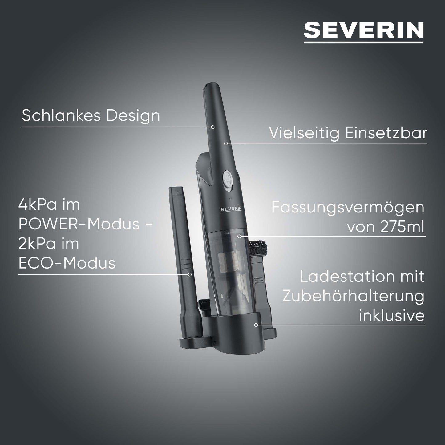 Severin 3-in-1 handheld vacuum cleaner battery, slim design, up to 25 minutes running time, 275 ml, wet & dry vacuum cleaner, with rubber nozzle, attachable furniture attachment, black, HV 7132