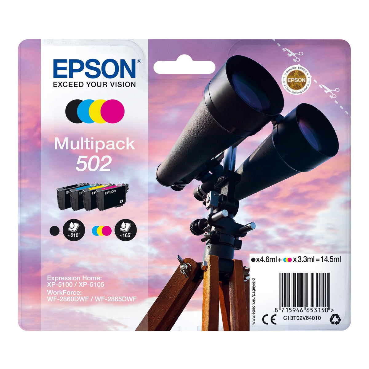 Epson Original 502 Tinte Fernglas Multipack 4-farbig Standard, XP-5100 XP-5105 XP-5150 XP-5155 WF-2860DWF WF-2865DWF WF-2880DWF WF-2885DWF, ReadyPrint Flex-Tintentarife - 8715946653150