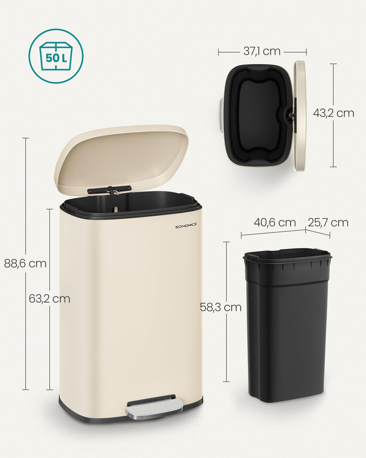 SONGMICS kitchen rubbish bin, 50 liters, waste bin, pedal bin, with lid, soft close, foot pedal, steel, inner bin, sand beige LTB050A02
